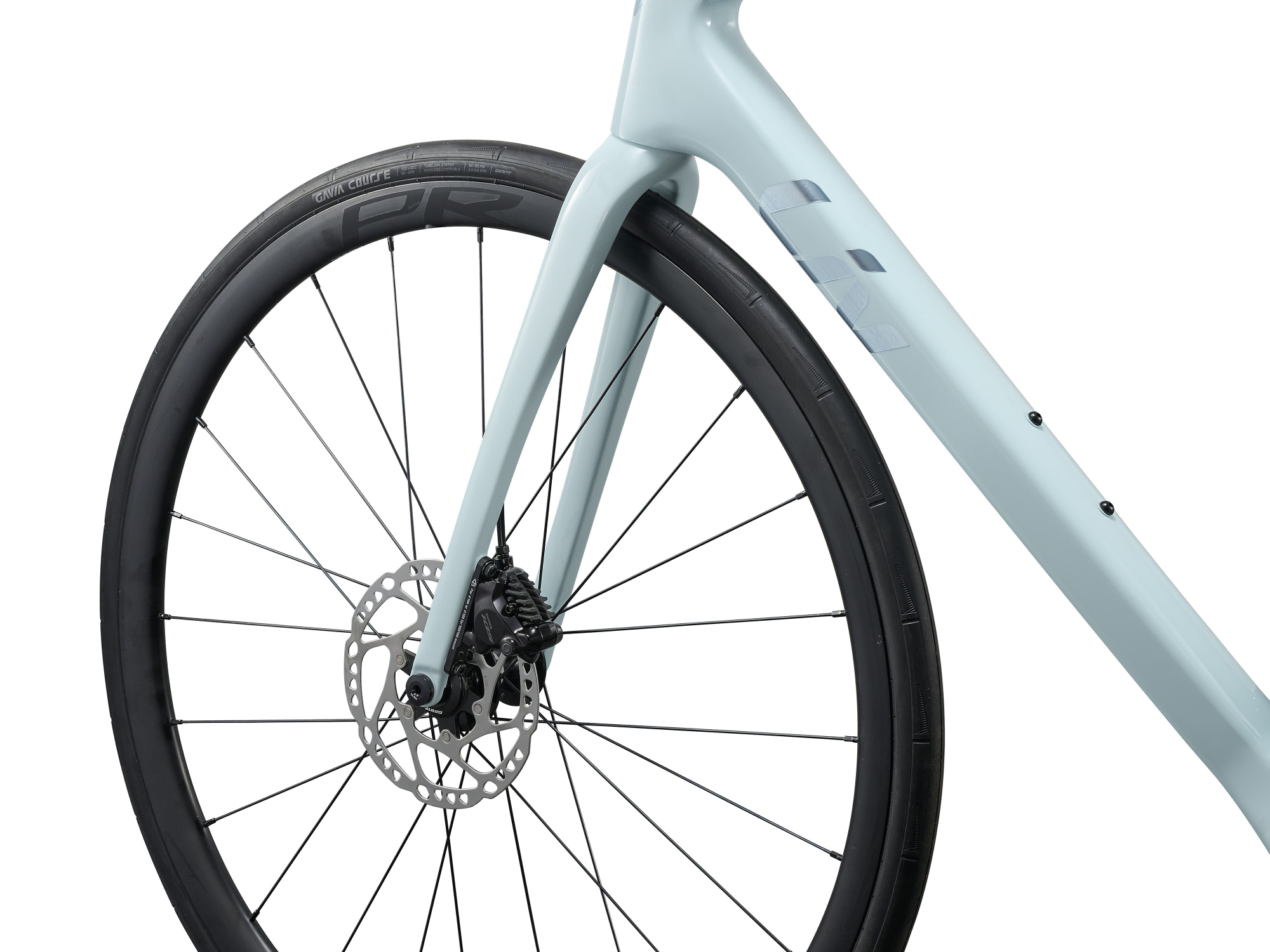 Liv Langma Advanced 1 Rennvelo in Morning Haze mit Carbongabel und Scheibenbremse am Vorderrad.
