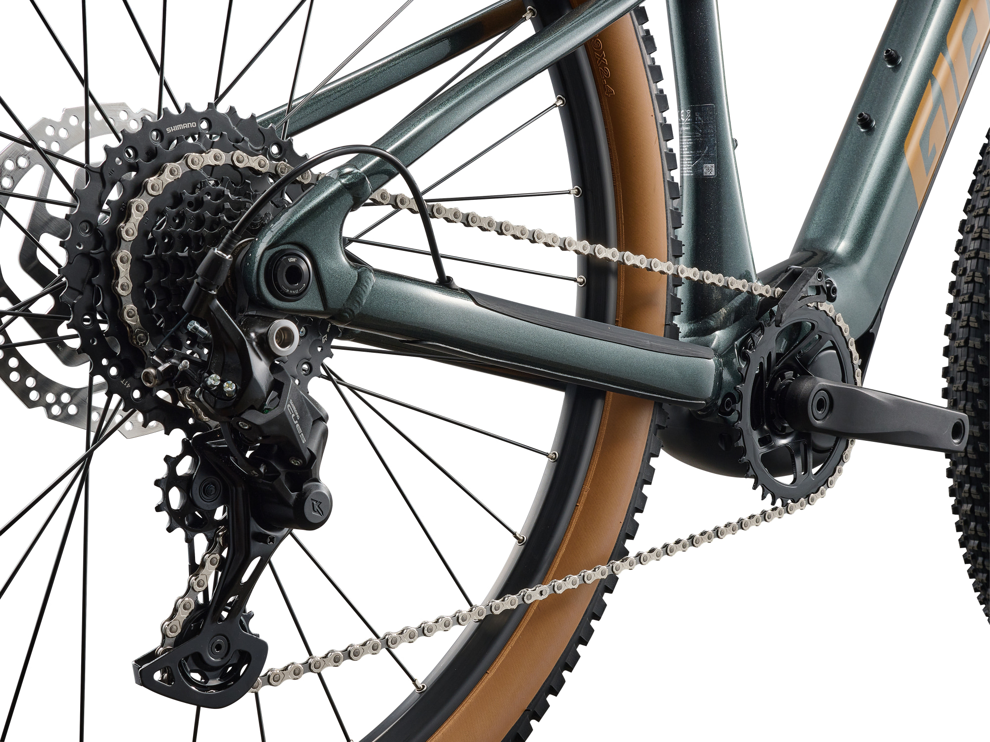  Giant E-MTB Talon E+ ind dunklem grün , Detailansicht Antrieb mit Schaltung und Kurbel