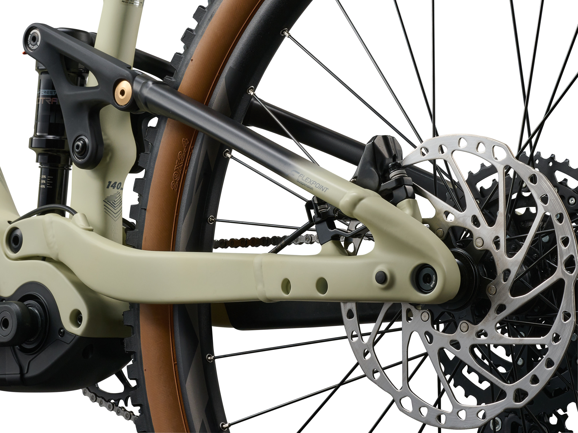 Liv Embolden E+ 1 E‑MTB in Pale Moss mit Scheibenbremse hinten und Federung.