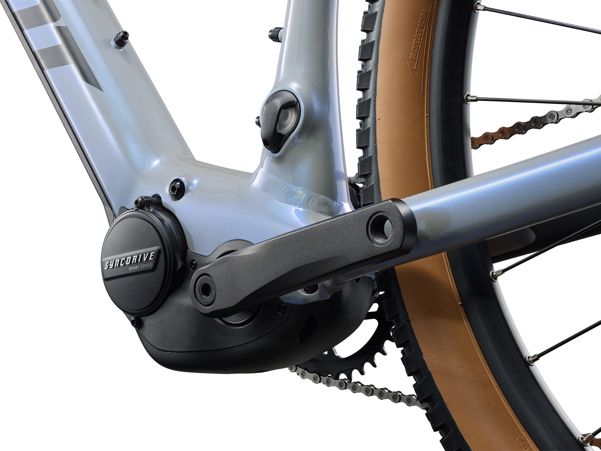 Giant Talon E+ 2 in Moonstone mit SyncDrive Motor, Kurbelbereich und integriertem Antrieb im Detail.