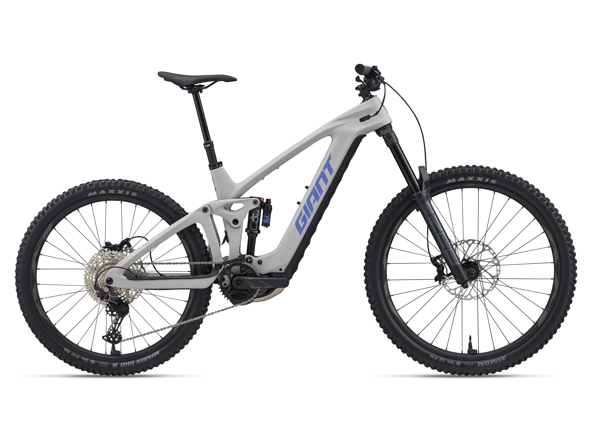 E-MTB Giant Reign Advanced E-Plus in hell grau, Ansicht von der Seite