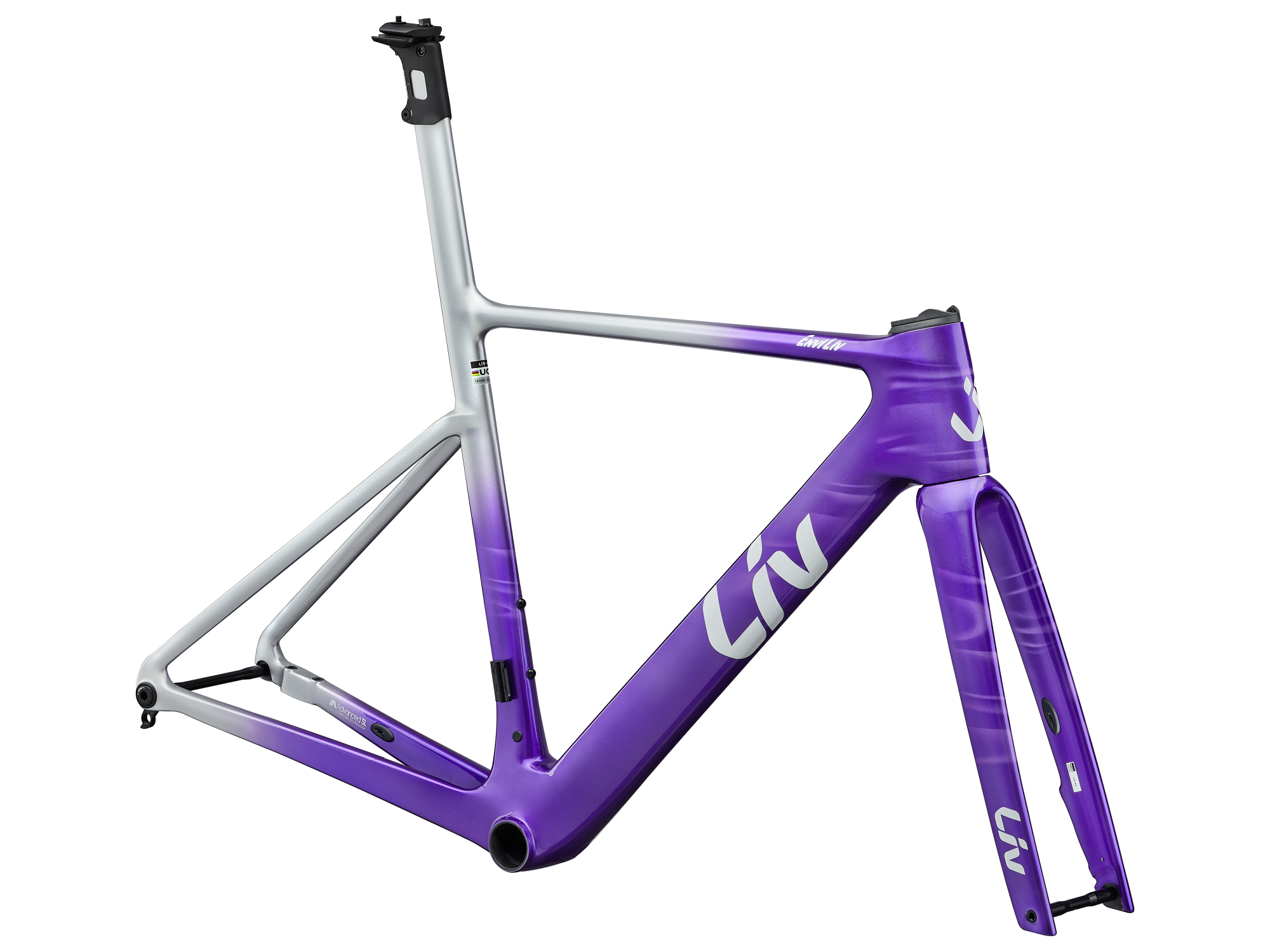 Liv EnviLiv Advanced SL Aero-Rahmen in Nitro Purple mit Liv Carbon-Gabel und verlaufender Lackierung.