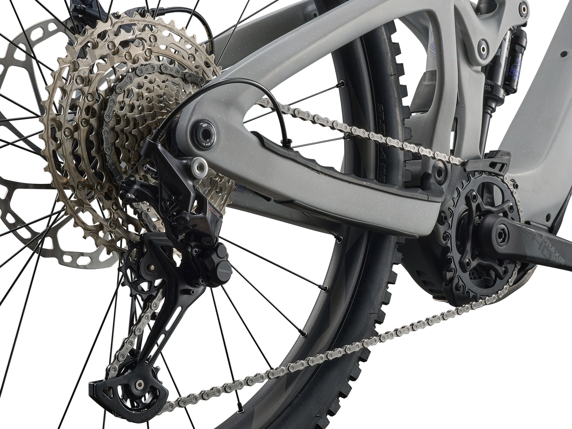 E-MTB Giant Reign Advanced E-Plus in hell grau,  Detailansicht Hinterbau mit Schaltwerk und Kettenstrebenschutz