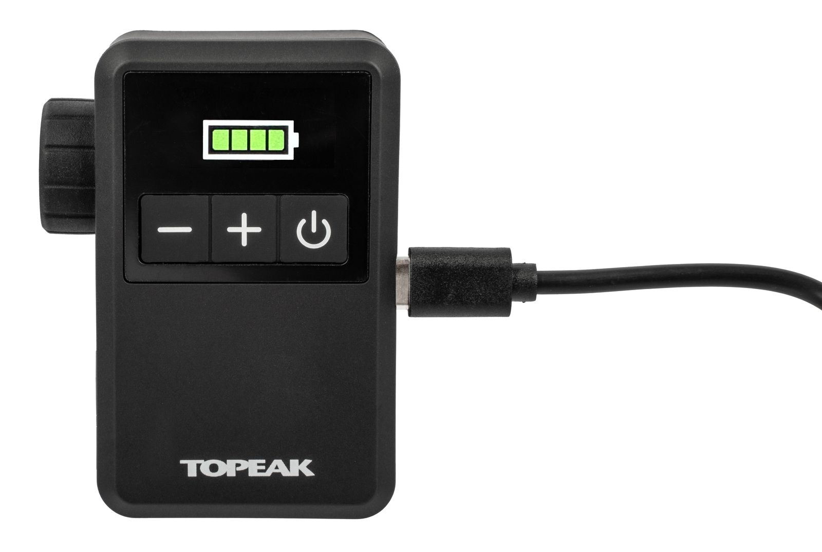 Topeak E-Booster Digital Mini Elektornische Fahrradpumpe, von der Seite beim Aufladen