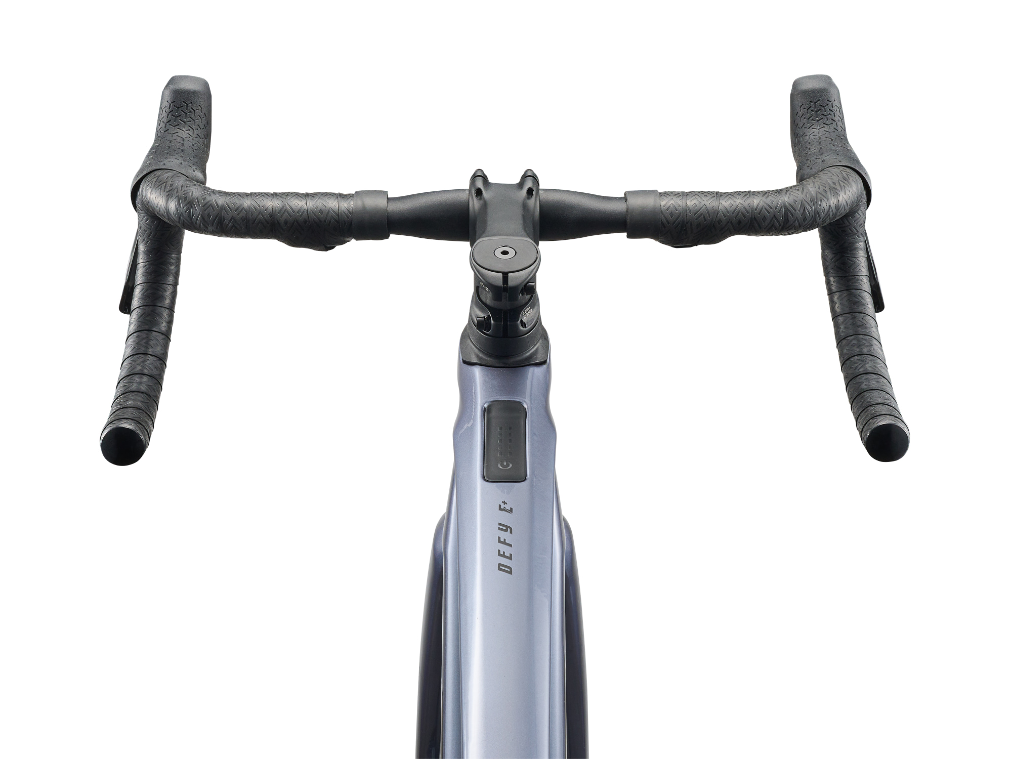Giant Defy Advanced E+ Elite 2, E-Rennrad mit Carbonrahmen in silber, Detailansicht Lenkeinheit und vorderer Rahmen von oben