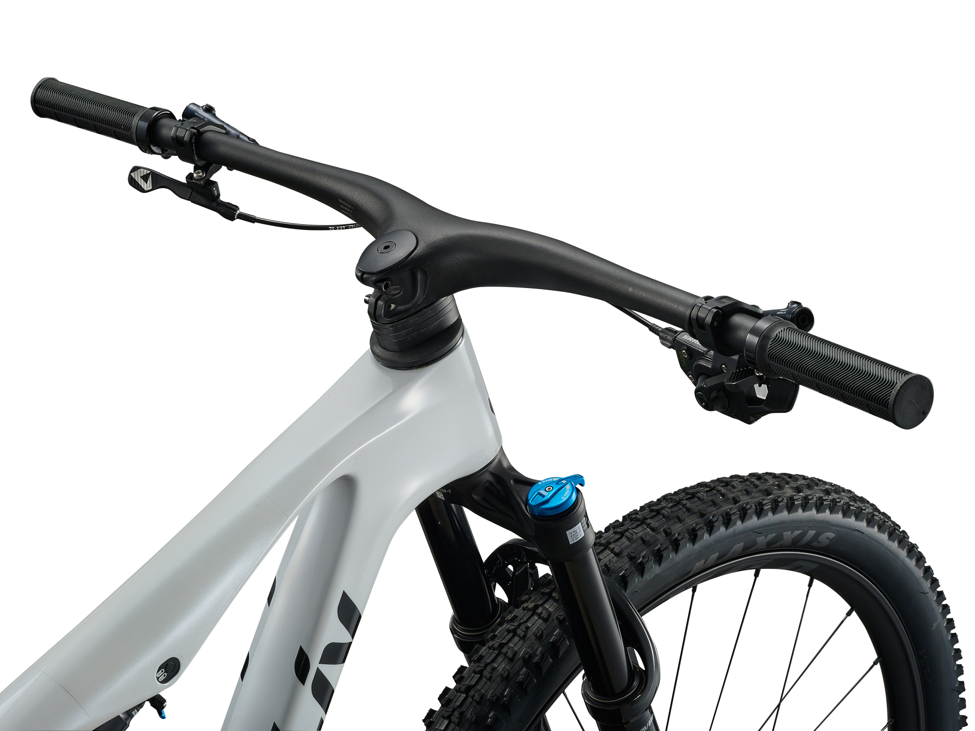 Liv Pique X Advanced SL 2 Mountainbike in Weiss mit integriertem Carbon-Cockpit und Federgabel.