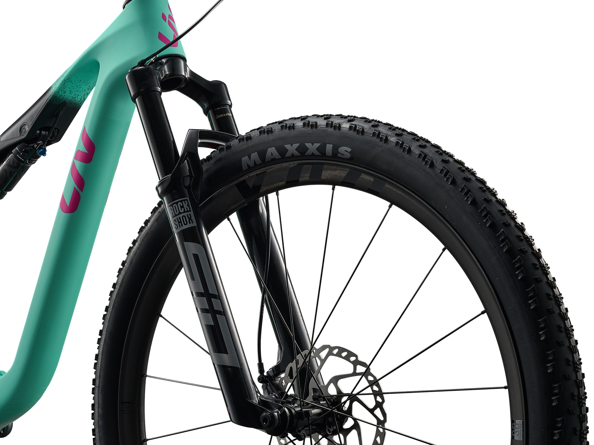 Liv Pique Advanced SL 1 Mountainbike in Lake Green mit RockShox-Federgabel und Maxxis-Reifen.
