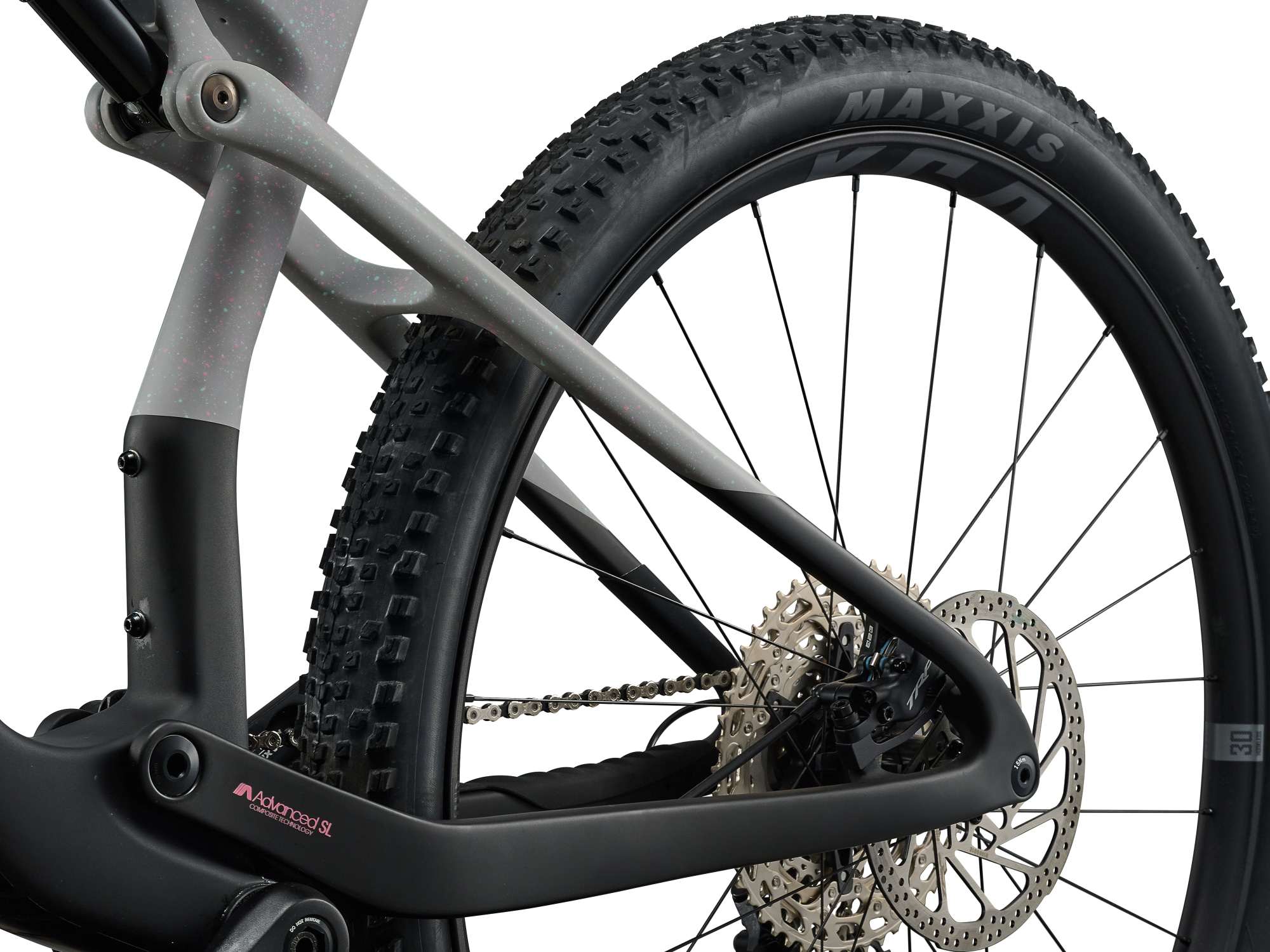 Giant Anthem X Advnaced SL 3 Fullsuspension MTB aus Carbon in hell- dunkelgrau, Detailansicht Hinterbau mit Bremse