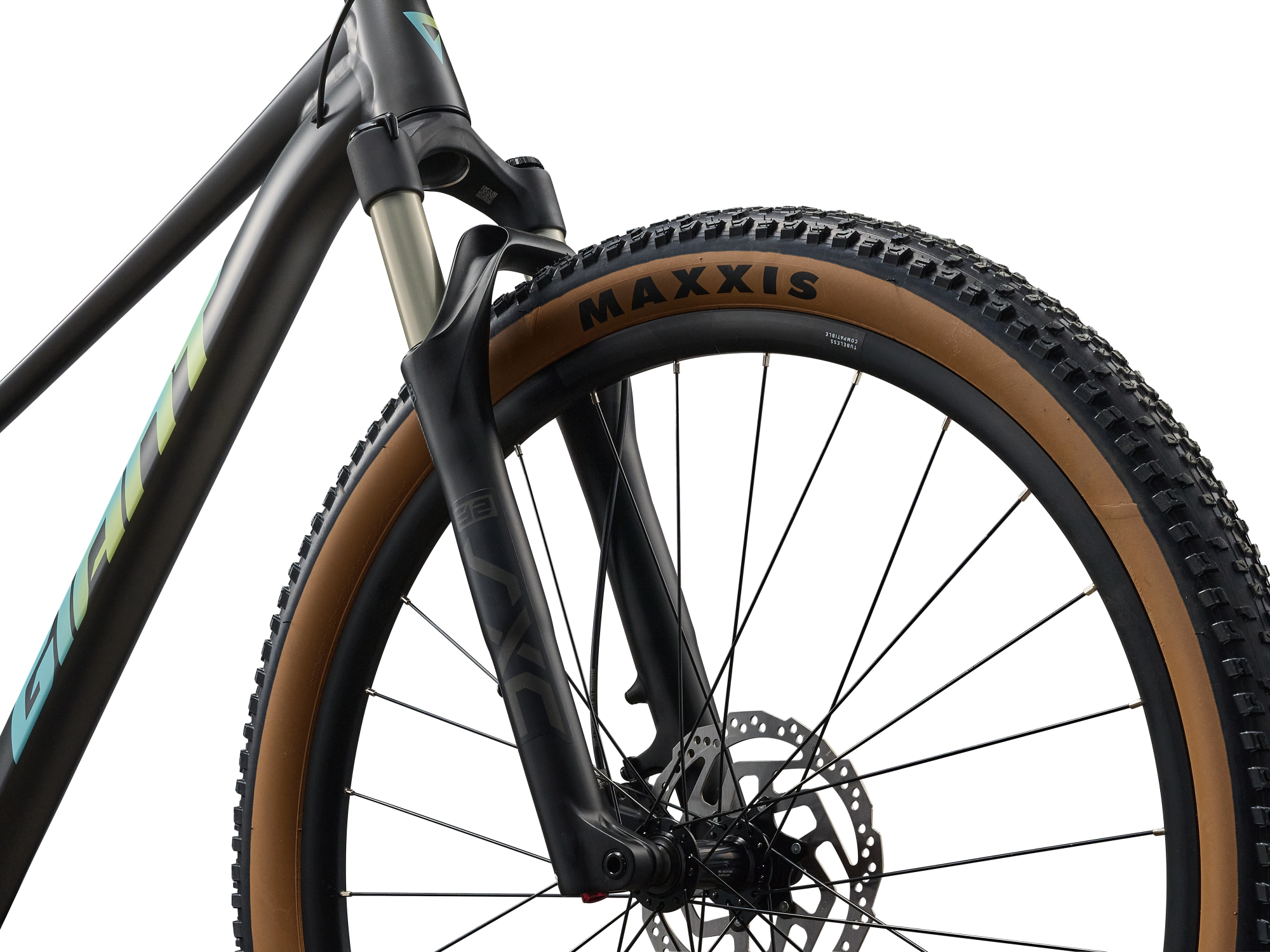Giant Talon 0 Hardtail-Mountainbike in Stealth Chrome mit Federgabel und Maxxis-Reifen in Detailansicht.