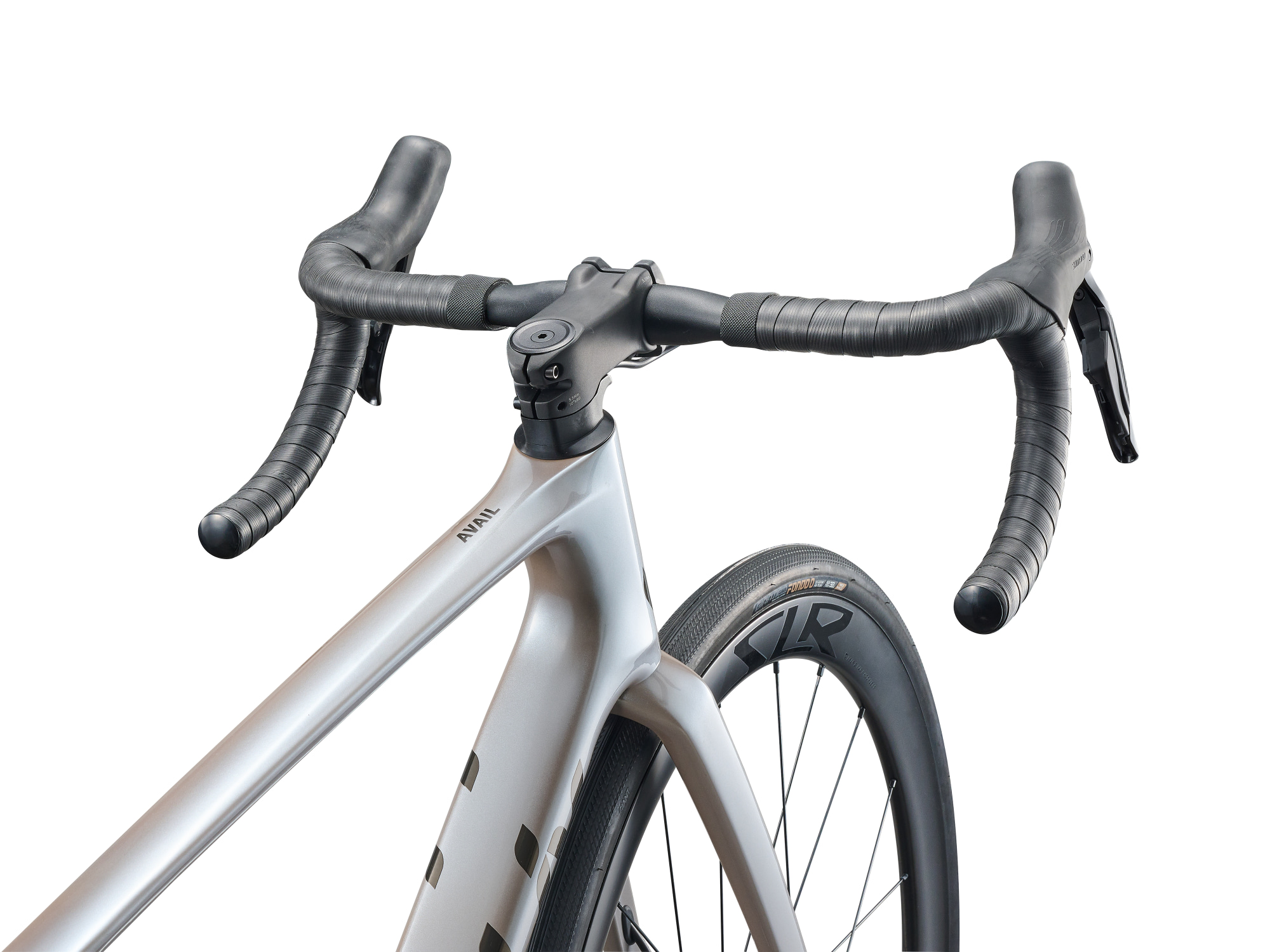Liv Rennrad für Damen, Avail Advanced 0 mit Carbon-Rahmen und -Gabel in silber-hellem cremefarben, Detailansicht von schräg oben auf Lenkereinheit