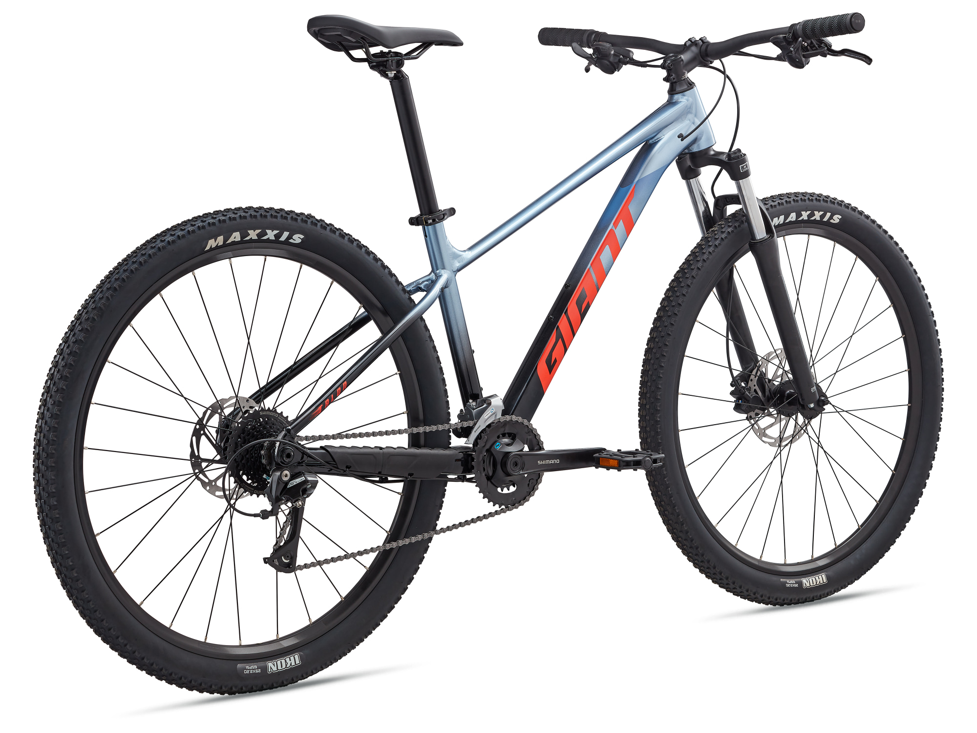 Giant Mountainbike Hardtail Talon 3 aus Aluminium in Eisblau-Schwarz mit roter Schrift und Federgabel, Ansicht schräg von hinten links