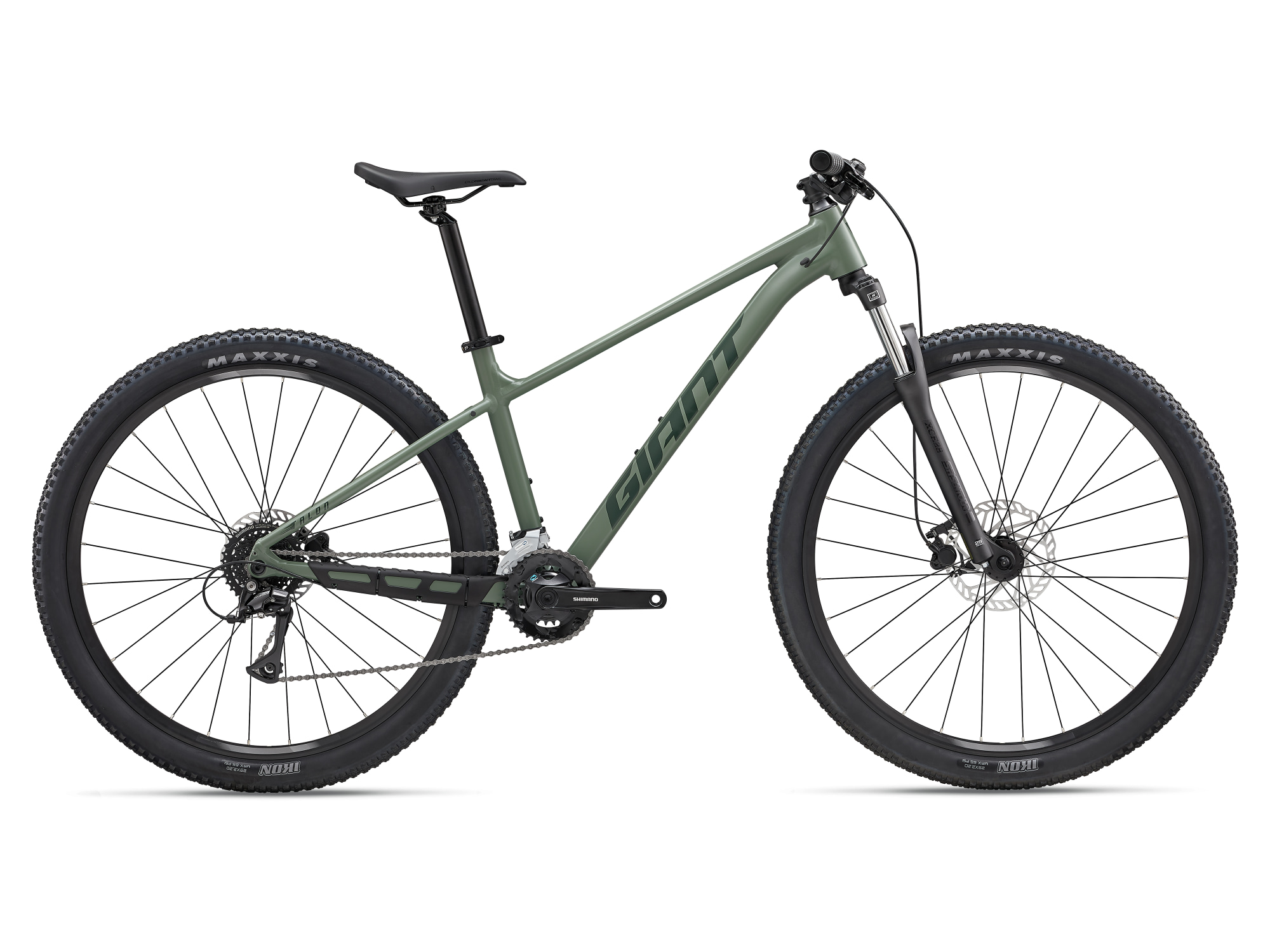 Giant Talon 3 Hardtail-Mountainbike in Pangea Green mit Federgabel und Scheibenbremsen in Seitenansicht.