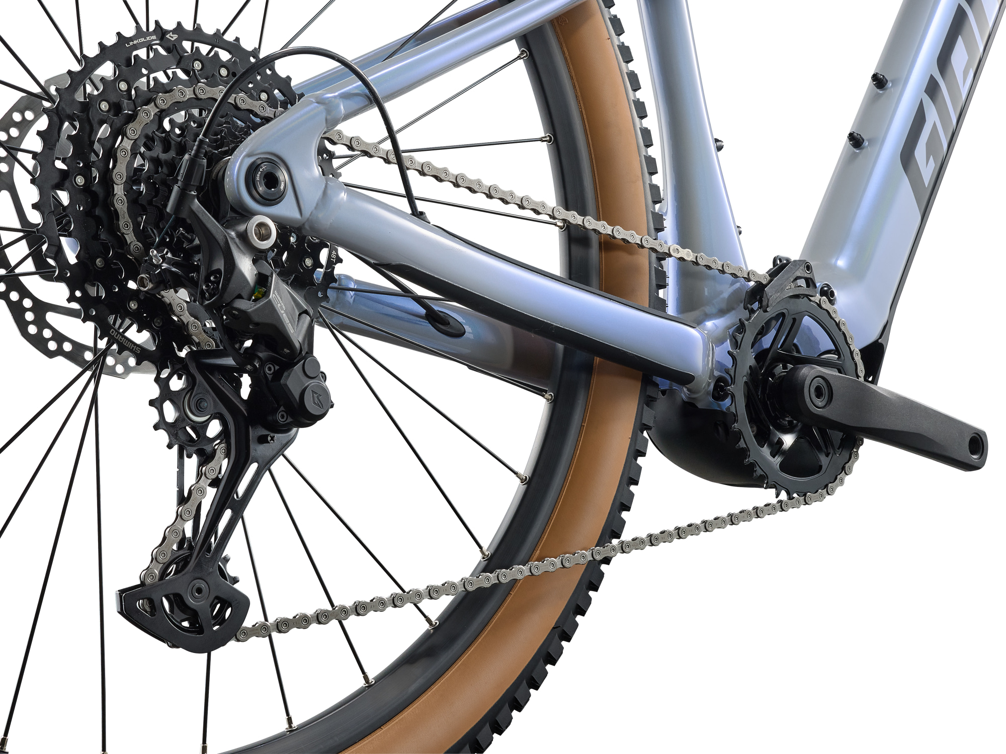 Giant Talon E+ 2 in Moonstone mit Shimano Schaltwerk, Kassette und Antriebseinheit im Detail.