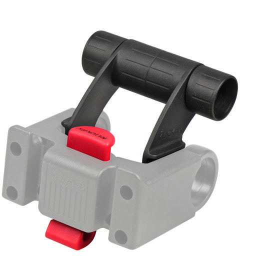 Klickfix MultiClip E Displayhalter in Schwarz mit eingesetztem KLICKfix‑Adapter und Entriegelungsknopf.