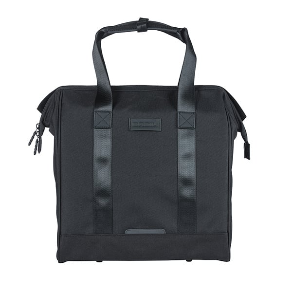 Basil Grand Fahrradshopper in Schwarz mit Tragegriffen und sichtbarer Frontansicht.