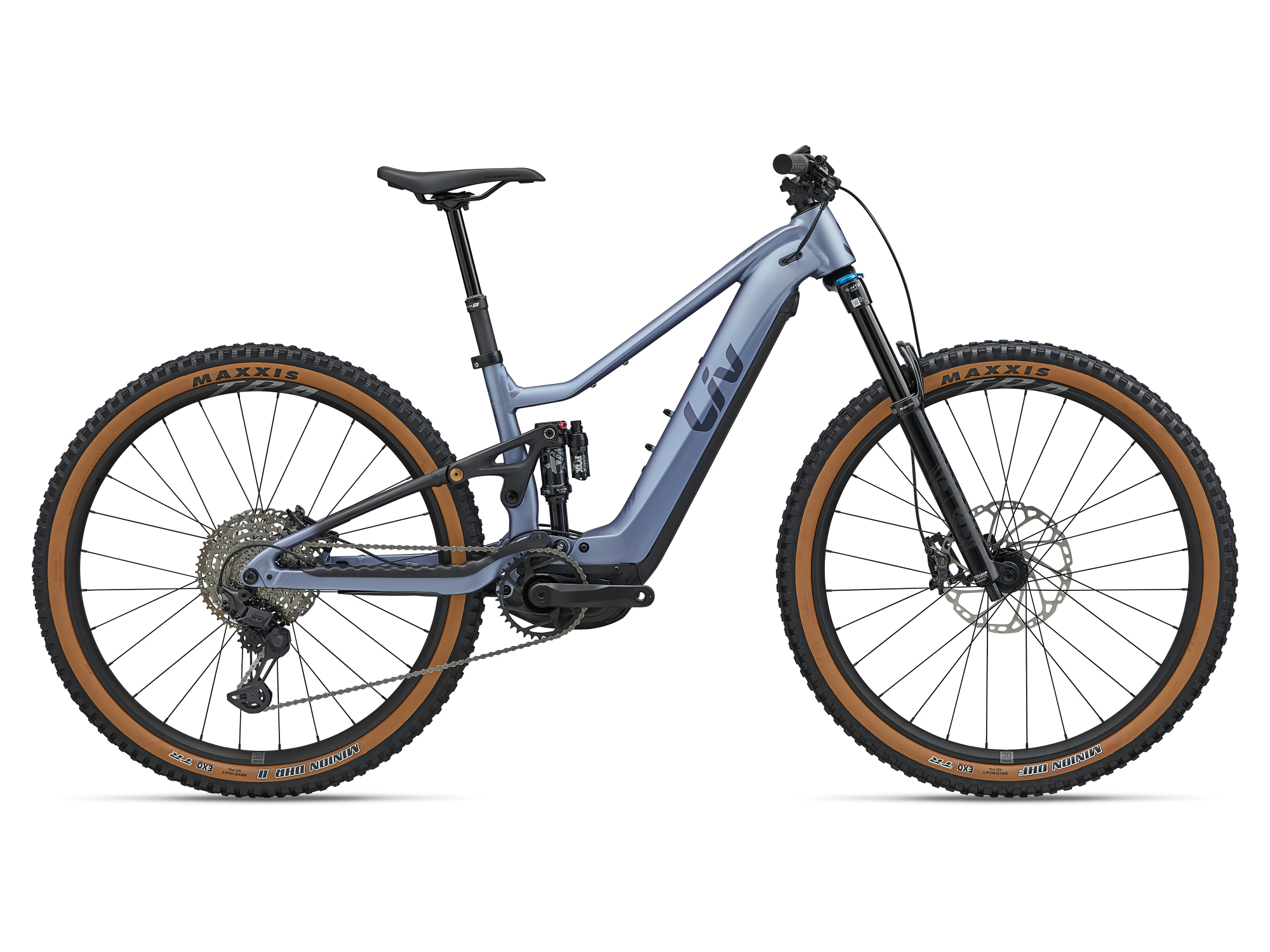 Liv Embolden E+ 0 E-Mountainbike in Atmosphere Black mit Vollfederung und integriertem Akku.