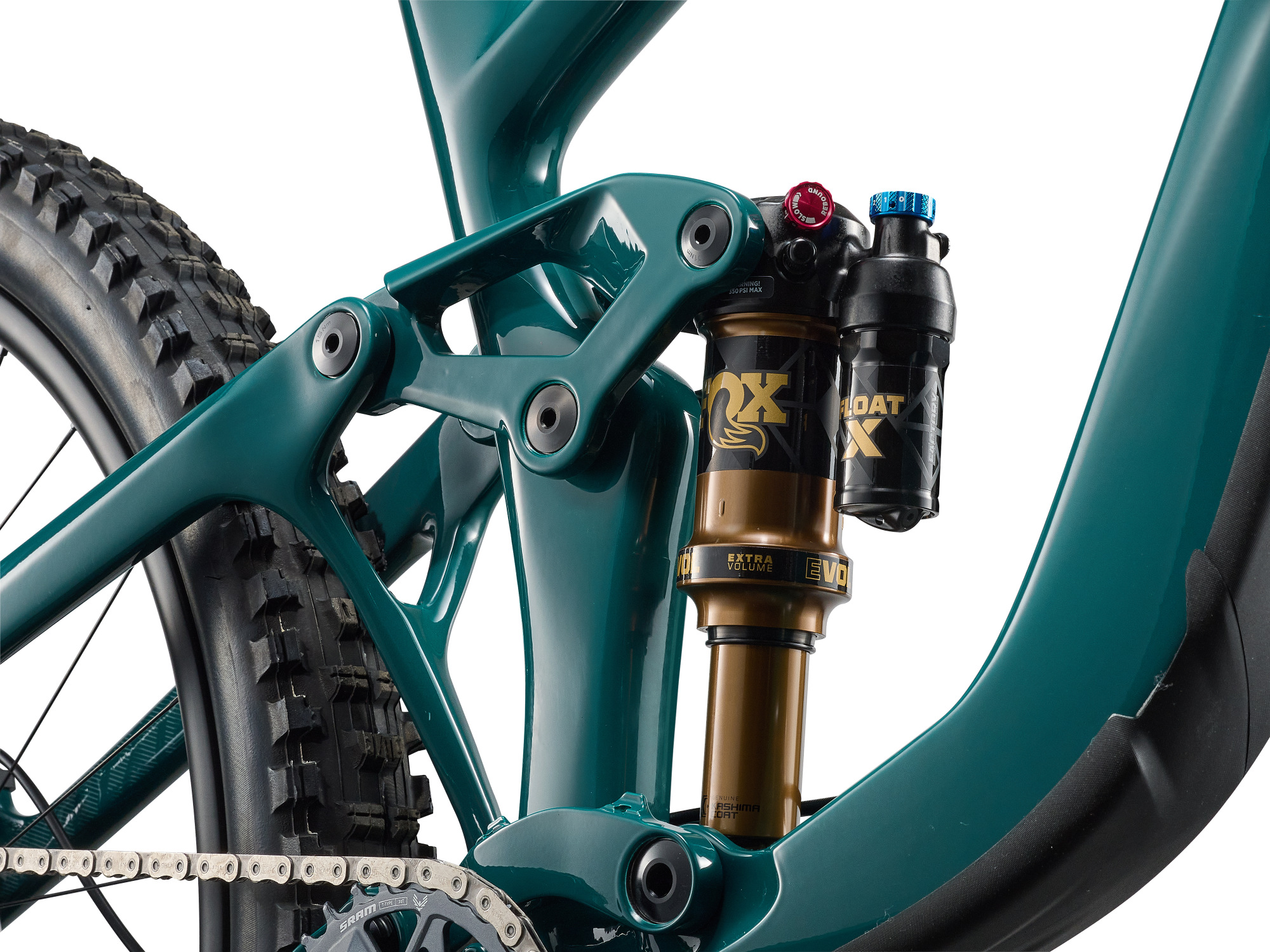 Giant Trance X Advanced 1 Mountainbike in Abyss Teal mit FOX Float X Dämpfer und Hinterbau.
