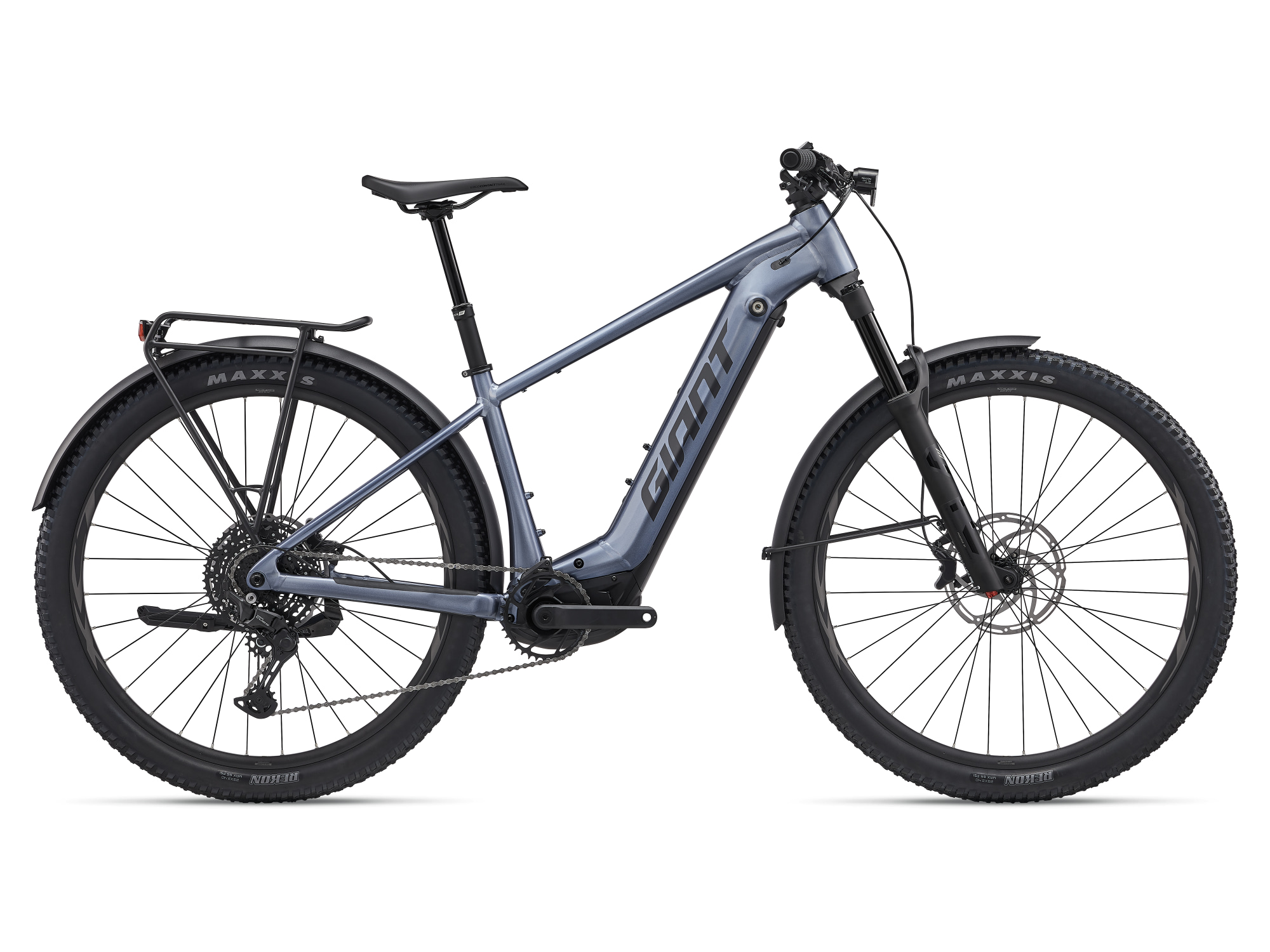 Giant Fathom E+ 1 EX E-Mountainbike in Thundercloud mit Federgabel und Gepäckträger in Seitenansicht.
