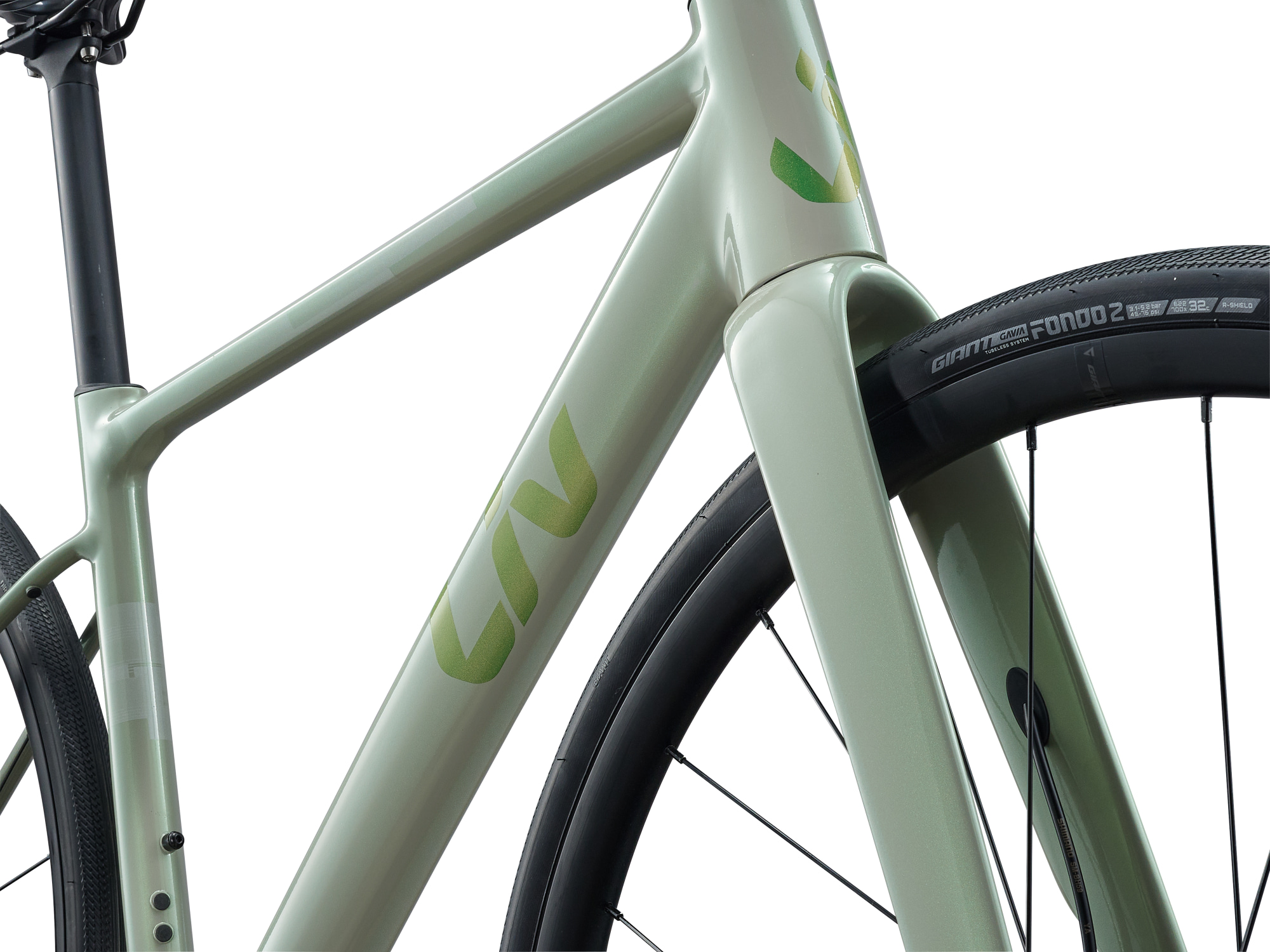 Liv Beliv AR 1 in Misty Aloe mit Rennlenker und Carbonoptik-Sattelstuetze in Detailansicht.
