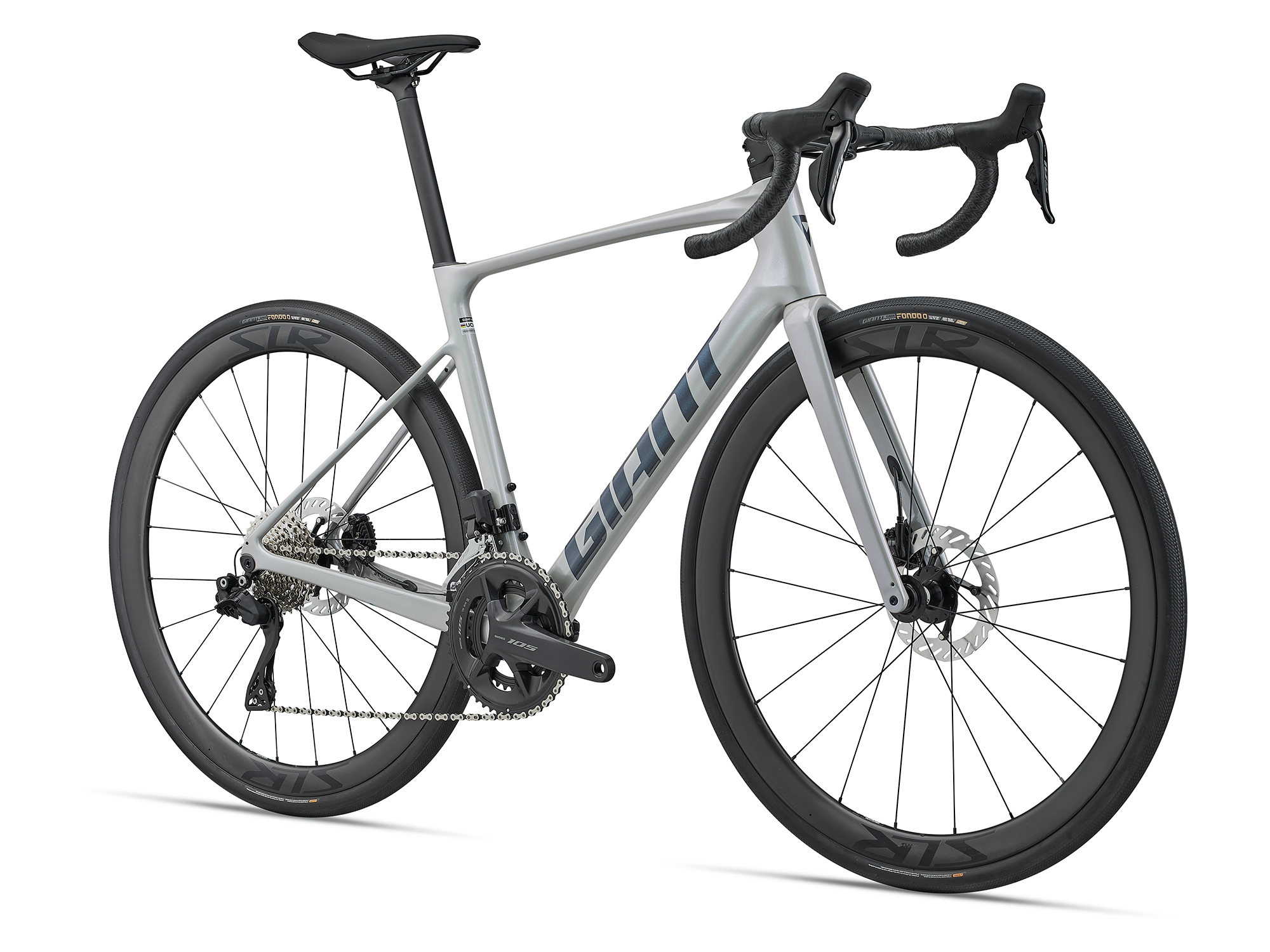 Giant Defy Advanced 0 Rennrad in Supernova Grey mit Carbonrahmen und Scheibenbremsen.