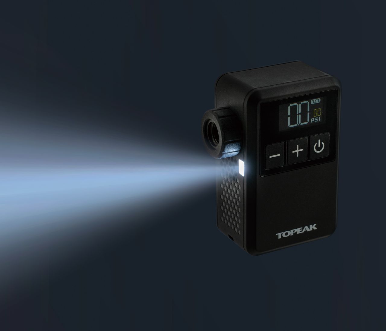 Topeak E-Booster Digital Mini Elektornische Fahrradpumpe, im dunkeln mit eingeschlateter Lampe