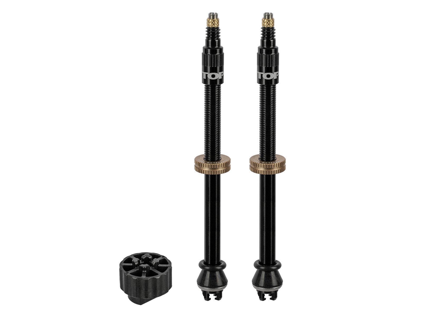 Zwei lange schwarze Tubeless-Ventile mit goldfarbenen Rändelmuttern und Ventilkappen, daneben ein kleines schwarzes Werkzeug zur Ventilmontage, auf weißem Hintergrund.