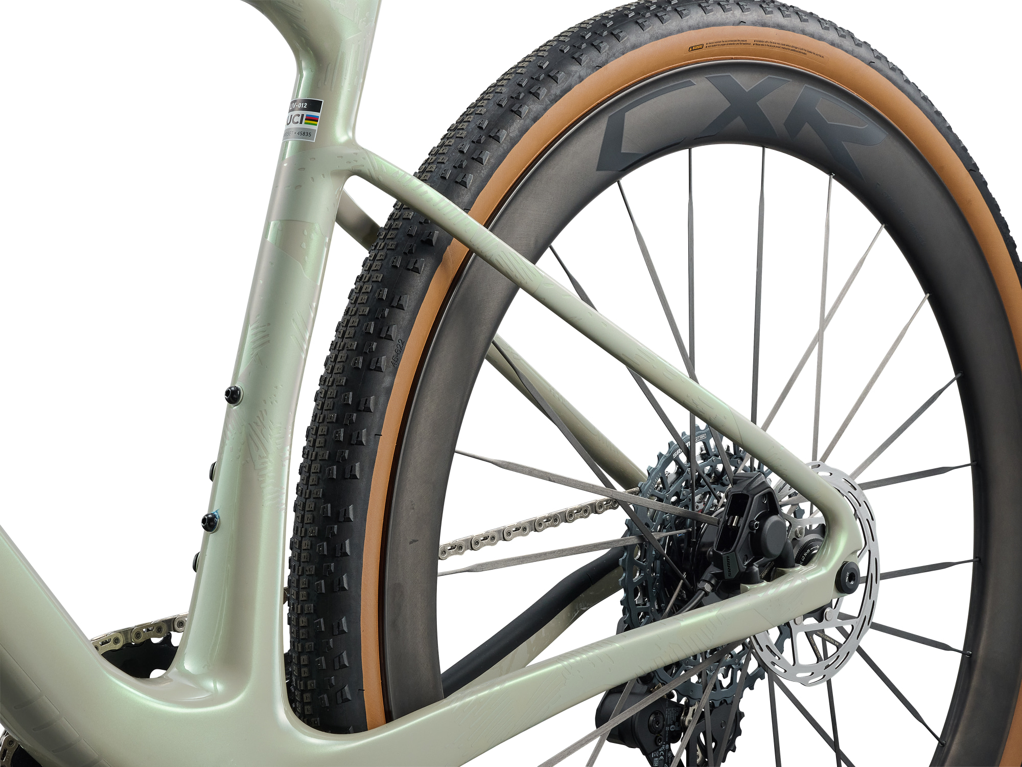 Liv Devote Advanced SL 2 Gravelbike in grün mit Hinterbau und breiten Tubelessreifen