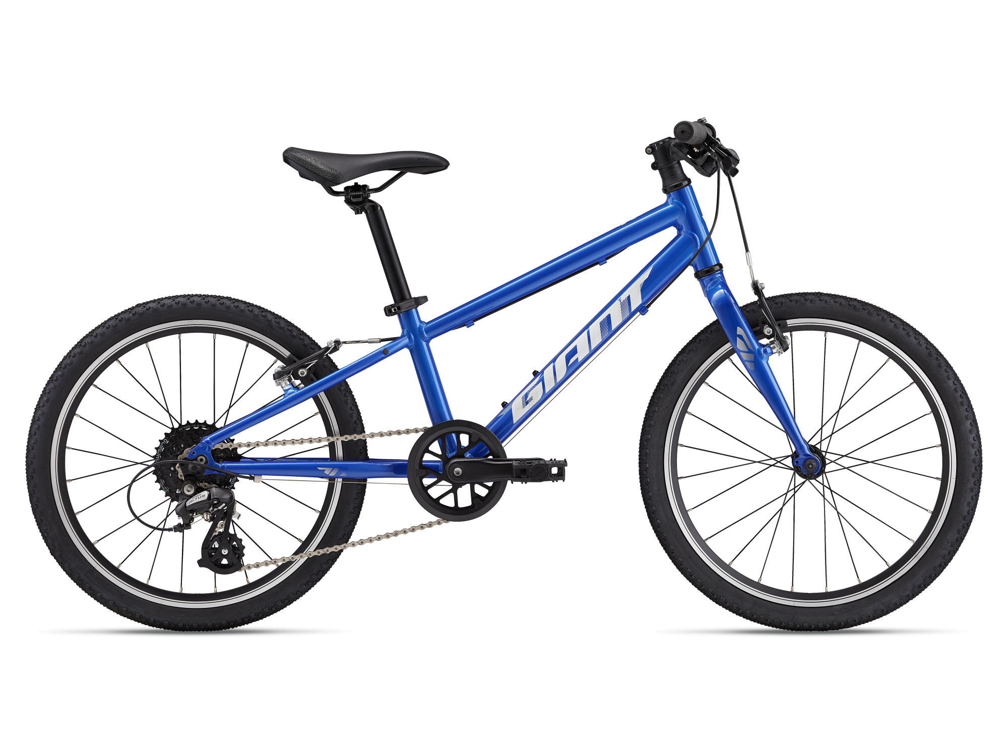 Giant ARX 20 Kinderfahrrad in Blau, Seitenansicht mit 20-Zoll-Laufrädern, leichtem Aluminiumrahmen und Shimano-Schaltung.
