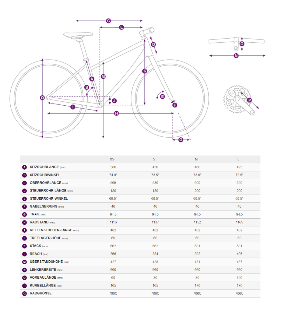 Geometriedaten in Tabellenform mit Legende für das Liv Allure E+