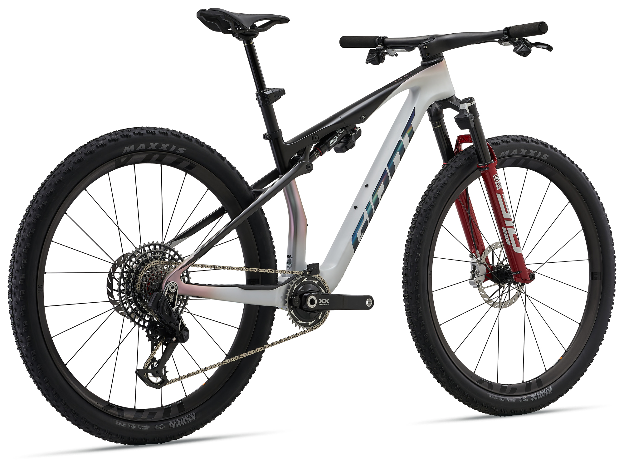 Giant Anthem Advanced SL SE MTB, Fullsuspension in weiss-schwarz, Ansicht von schräg hinten