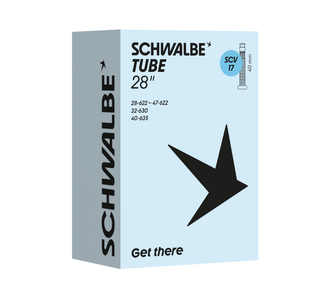 Verpackung des Schwalbe Fahrradschlauchs Nr. 17 für 28 Zoll Reifen (700C) mit SCV Clik Valve 40 mm, hellblaue Box mit schwarzem Schwalbe-Logo und Größenangaben.
