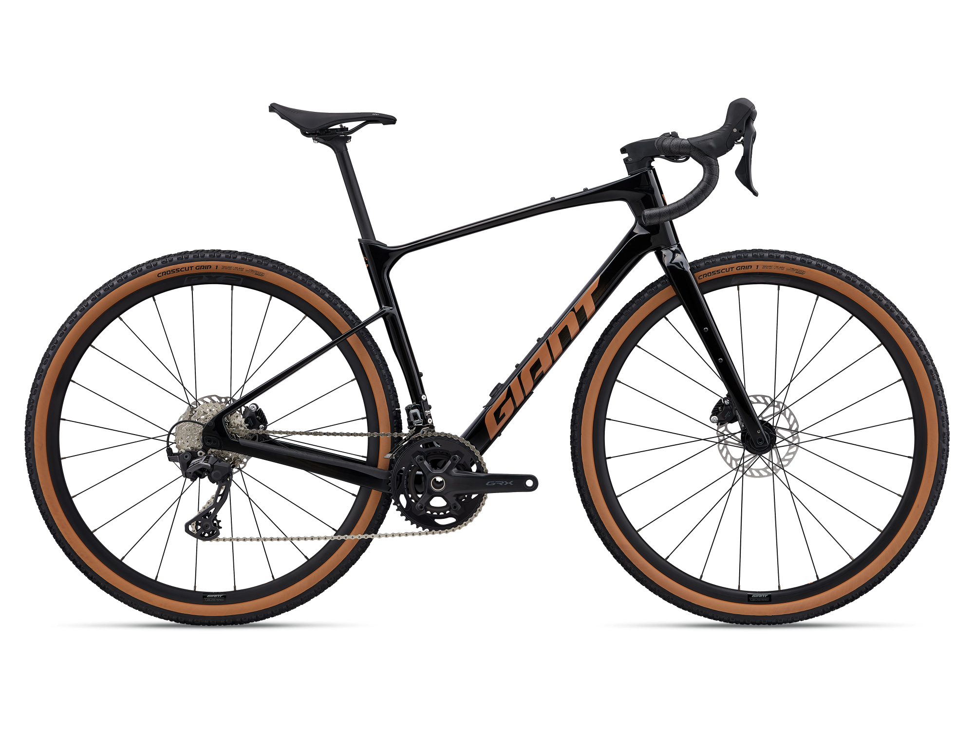 Gravelbike der Marke Giant, Modell Revolt Advanced 2 in dunklem schwarz mit gold-brauner Aufschrifft, Lenker, Sattel und Felgen in schwarz, Reifen in schwarz-braun, Ansicht von der Seite