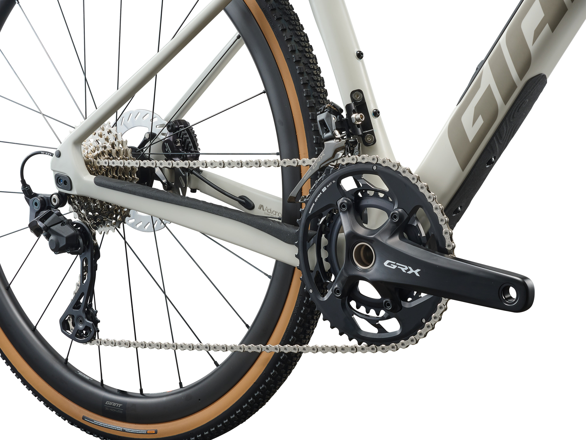 Gravelbike Giant Revolt Advanced 0 in weiss, Carbonrahmen und Gabel, Detailansicht Schaltung Shimano GRX
