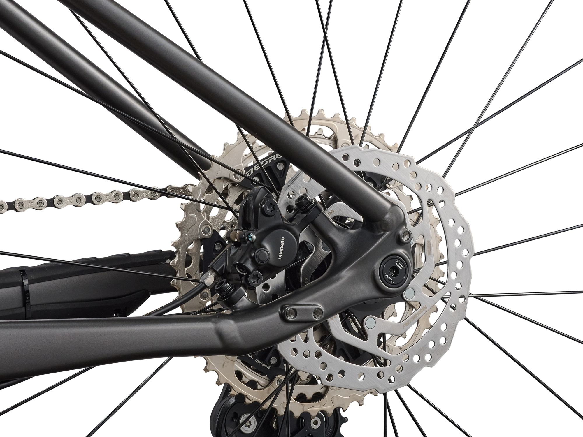 Giant Talon 0 Hardtail-Mountainbike in Stealth Chrome mit Shimano-Scheibenbremse am Hinterrad.