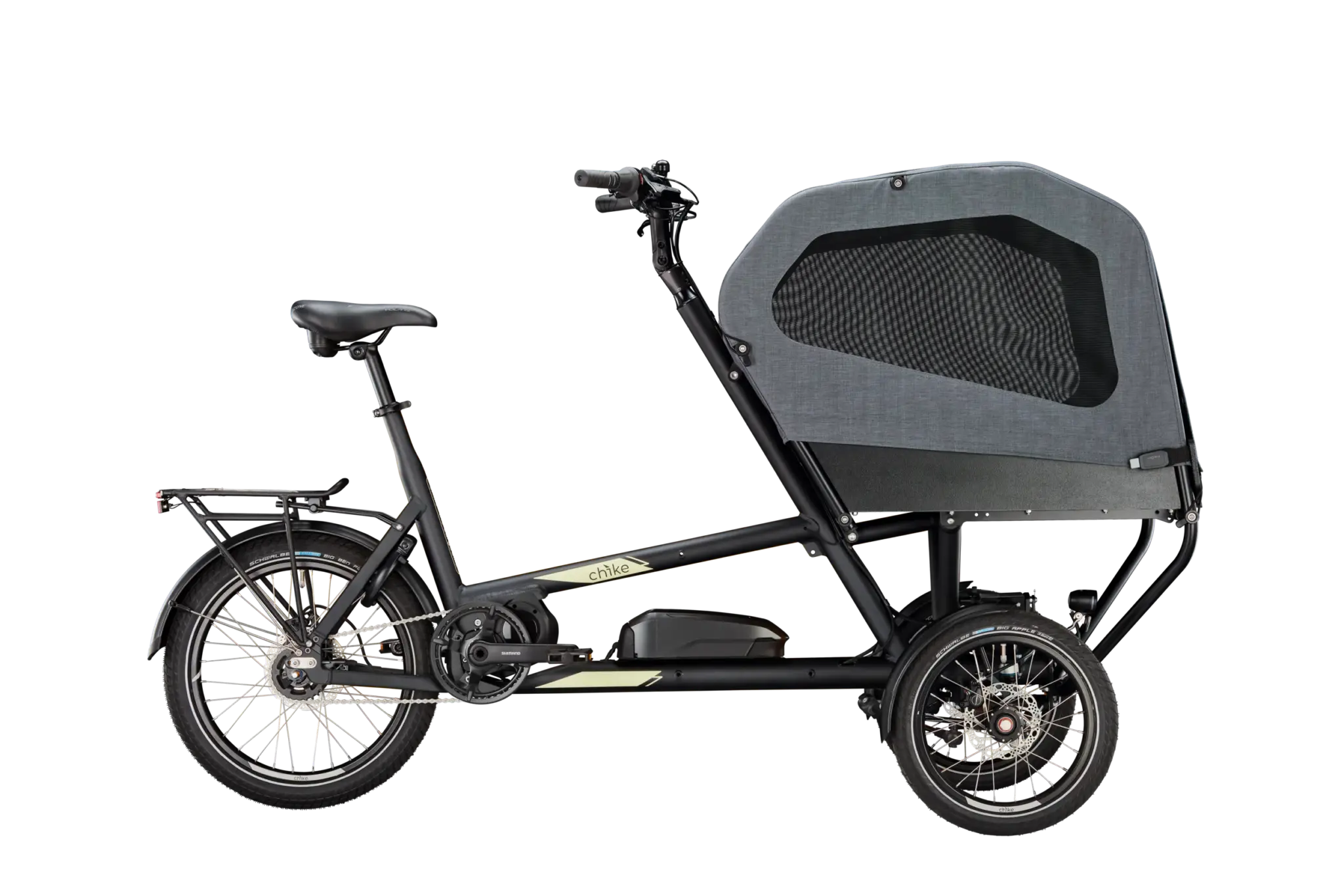Chike E-Dog SE Elektro-Lastenrad in Schwarz mit geschlossener Hundebox, Seitenansicht mit Kettenantrieb