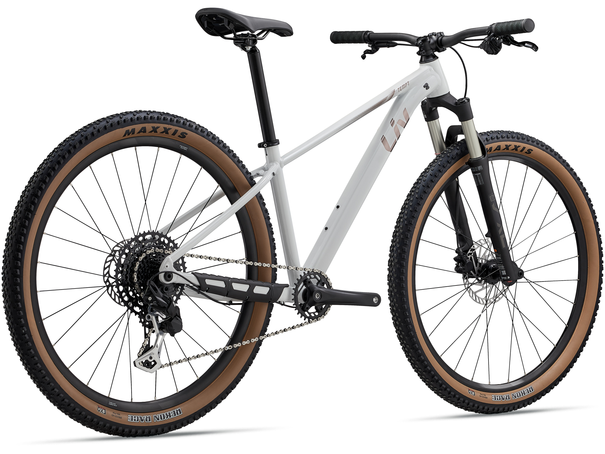Liv Tempt 1 Hardtail-Mountainbike in Weiss mit MAXXIS Stollenreifen und hydraulischen Scheibenbremsen.