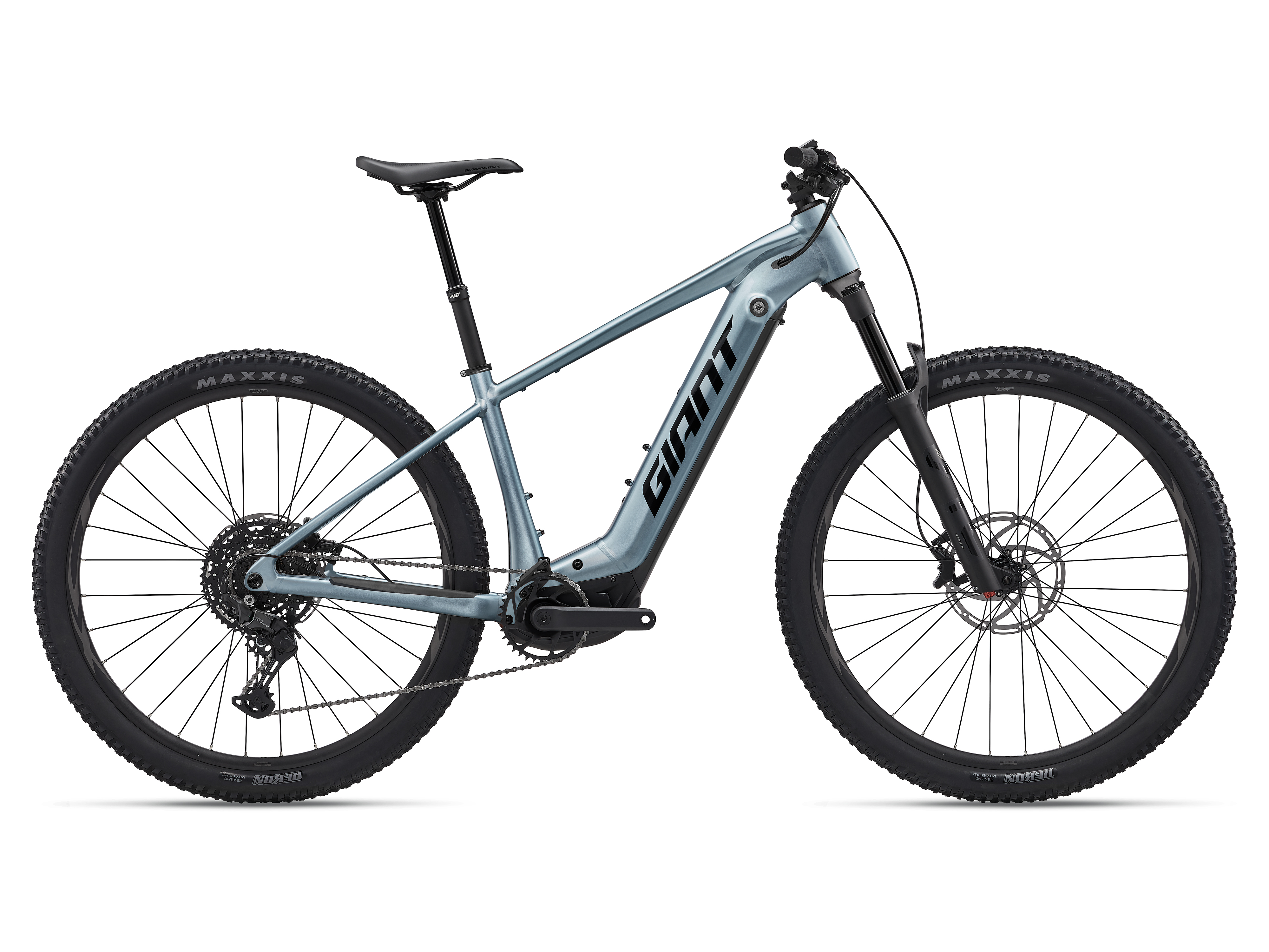 Giant Fathom E+ 1 E-Mountainbike in Cryo Silver mit Federgabel, integriertem Akku und Seitenansicht.