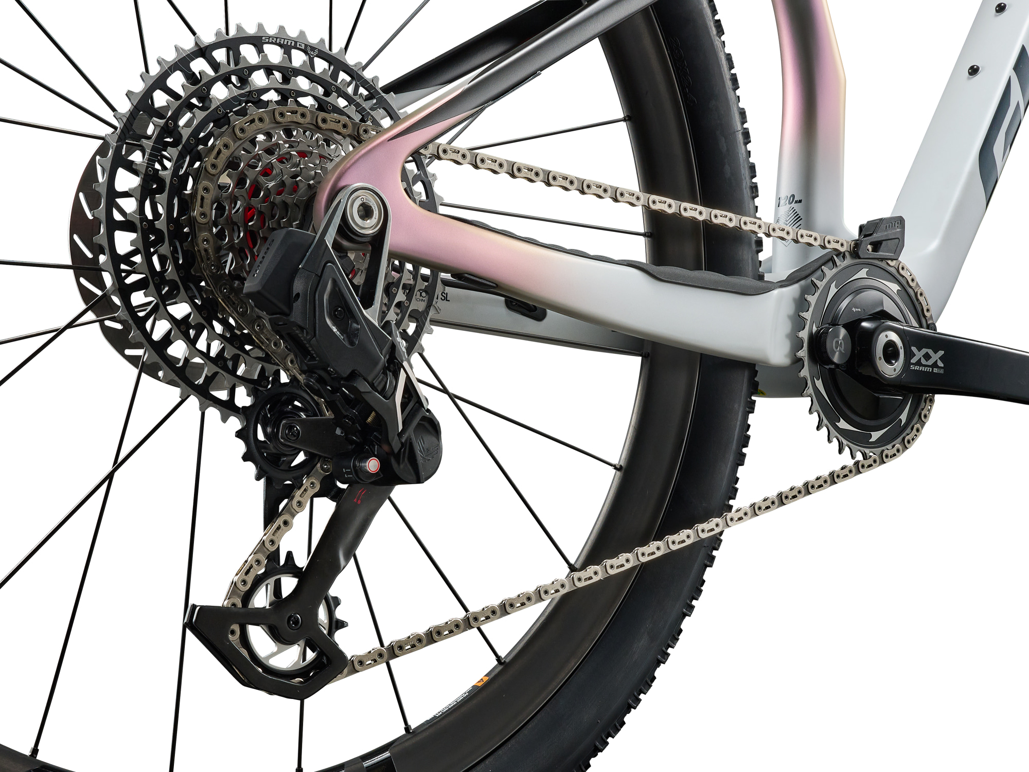 Giant Anthem Advanced SL SE MTB, Fullsuspension in weiss-schwarz, Detailansicht Hinterbau mit Schaltwerk und Kassette