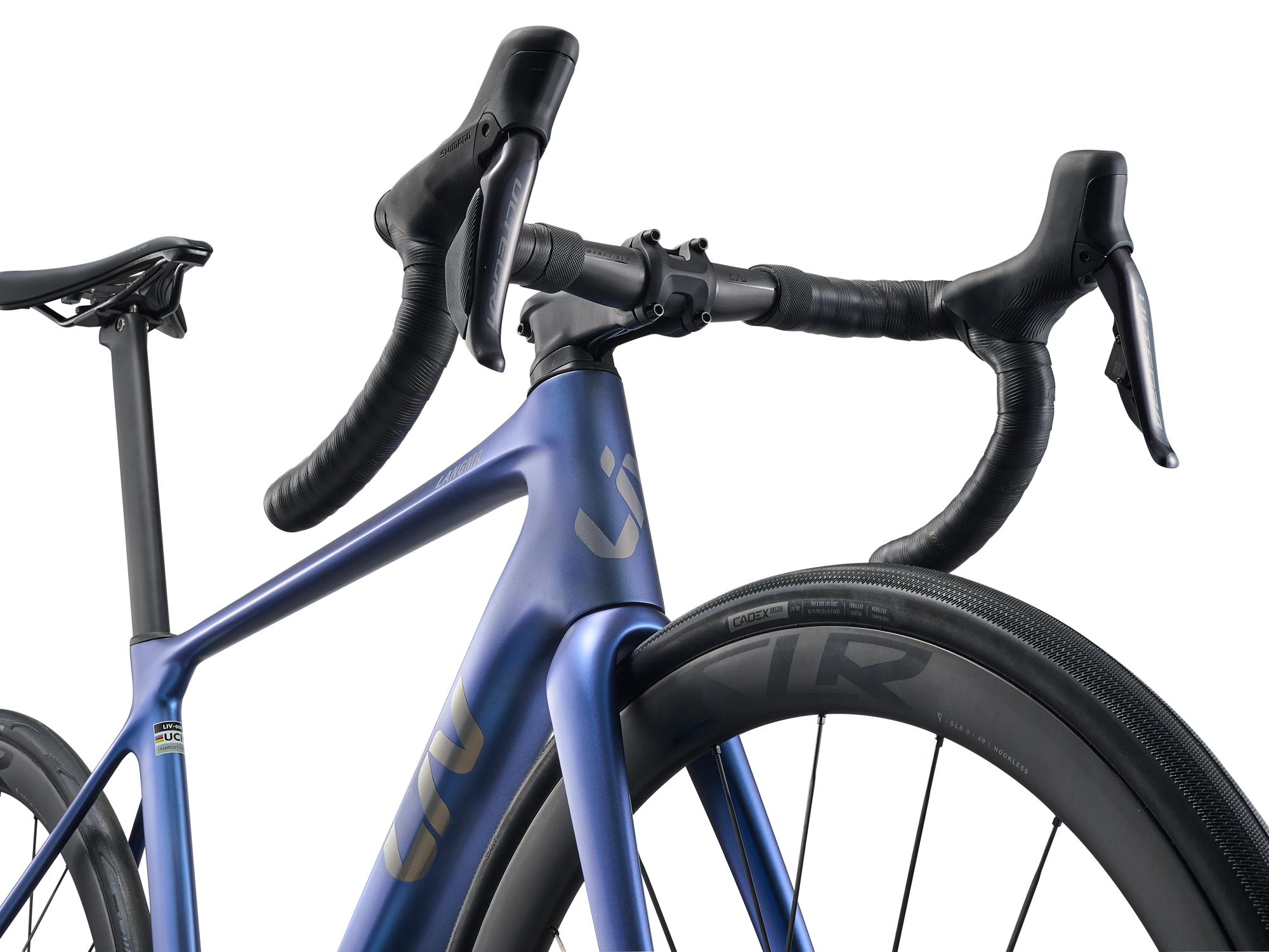 Liv Damen-Rennrad Langma Advance PRO 0 in Thundercloud blau mit Carbonrahmen und Carbongabel, Detailansicht Steuerkopf und Lenker von schräg vorne