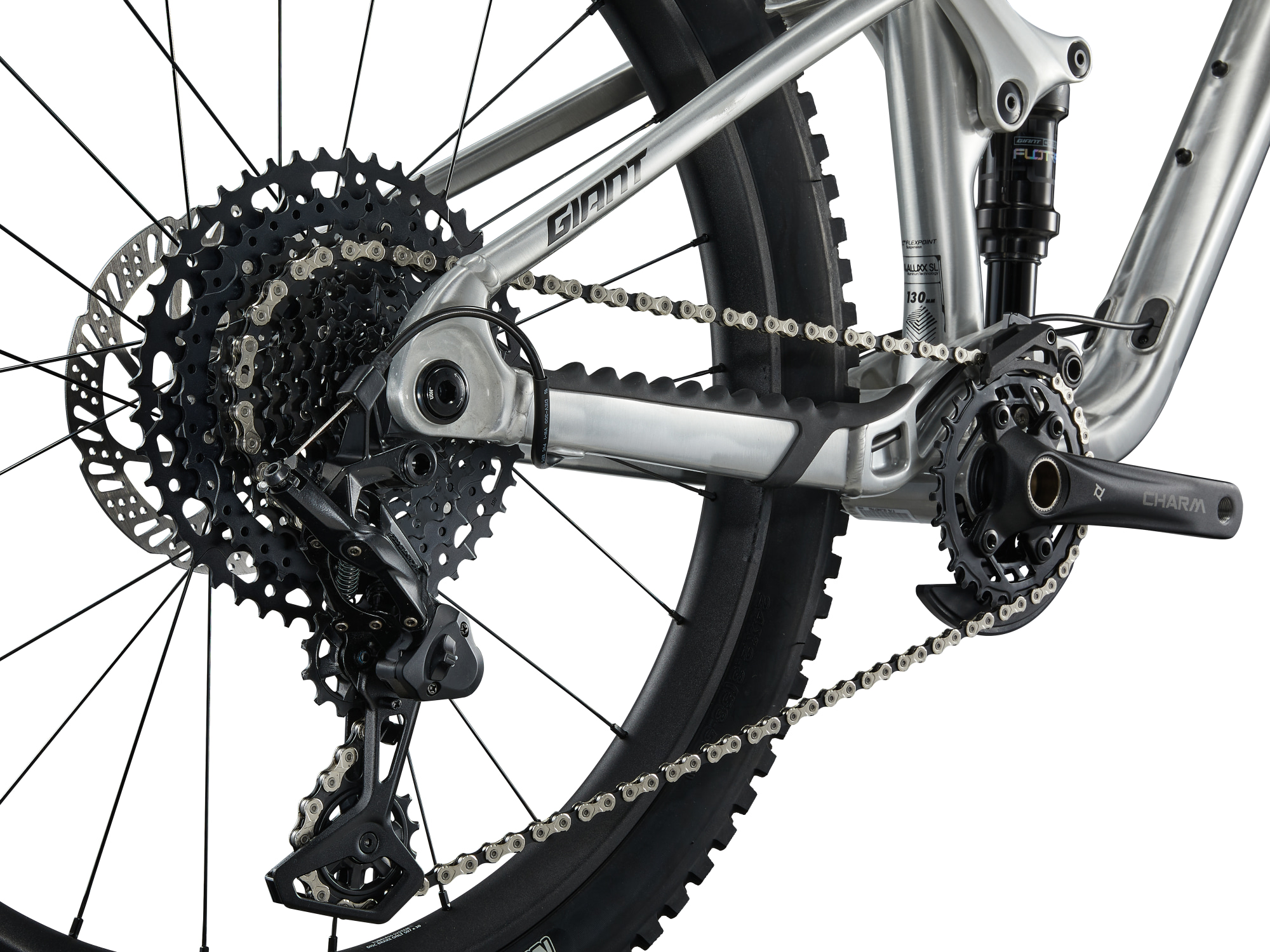 Giant Faith 24 Mountainbike in Raw Aluminium mit Kassette und Schaltwerk in Detailansicht.