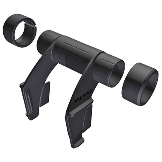  Klickfix MultiClip E Displayhalter in Schwarz mit Adapter und Distanzringen, Explosionsdarstellung.