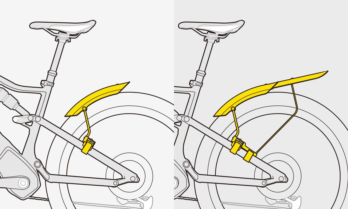 Montageillustration des Topeak TetraFender M2 am Hinterrad, gelb markierte kurze und lange Schutzblechoption.