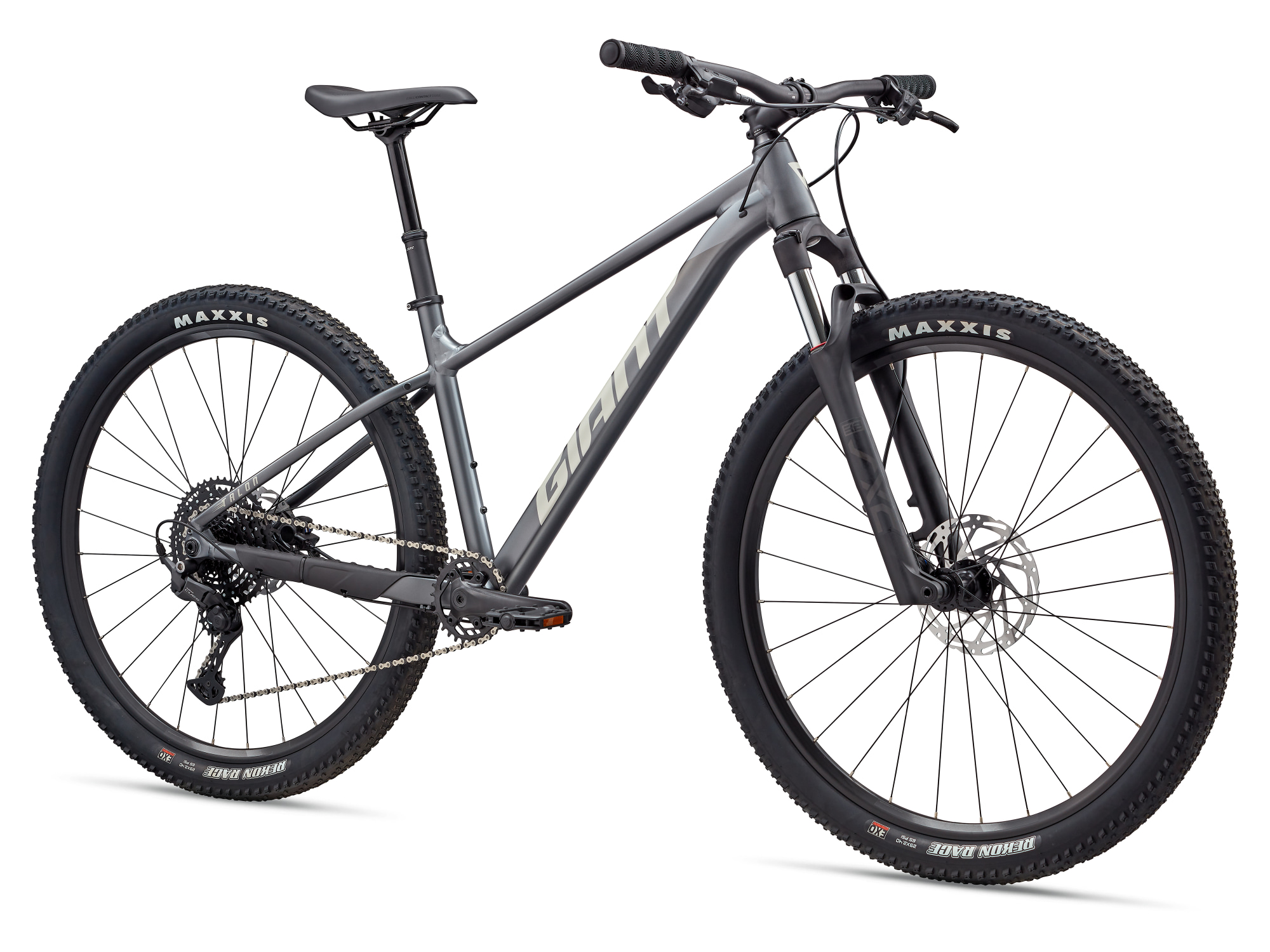Giant Talon 1 Mountainbike Hardtail in anthrazit mit schwarzen Komponenten, schwarzen Reifen und Federgabel, Ansicht von schräg vorne