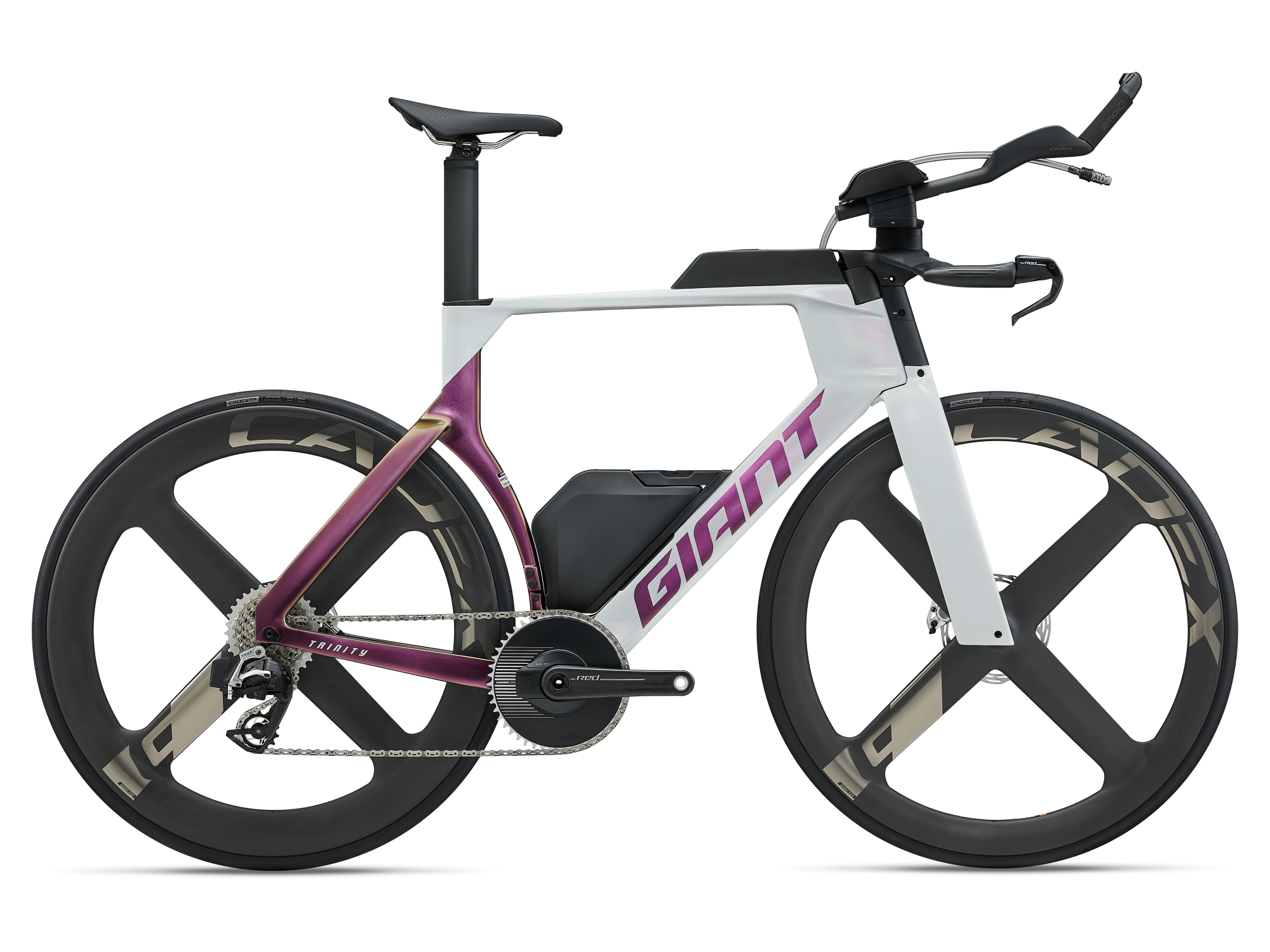 Giant Trinity Advanced SL Zeitfahrrad in Prism Pearl mit Aero-Rahmen und Carbon-Laufrädern.
