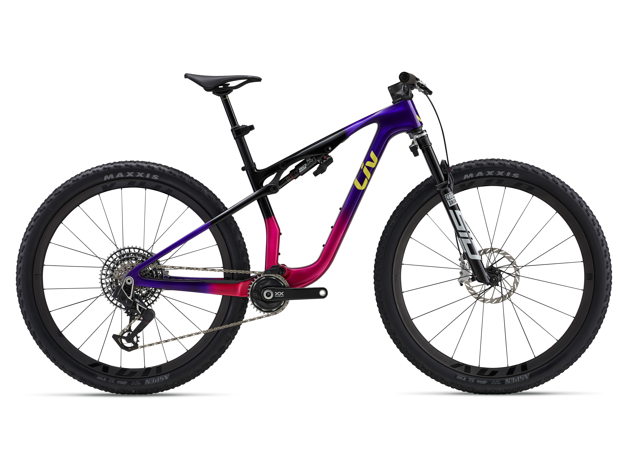 Gesamtansicht des Liv Pique Advanced SL SE – High-End Damen-Racebike mit Carbon-Rahmen, 120-mm-Federweg, integrierter Kabelführung und RockShox SID-Gabel.