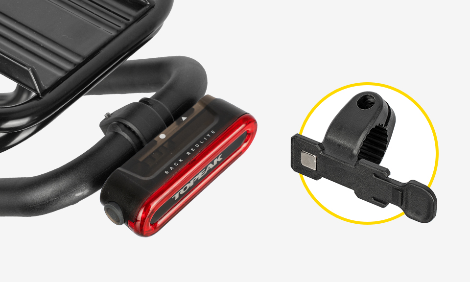 Topeak Rack Redlite Ruecklicht in Schwarz-Rot mit Lenker- oder Rohrhalterung zur Rack-Montage.