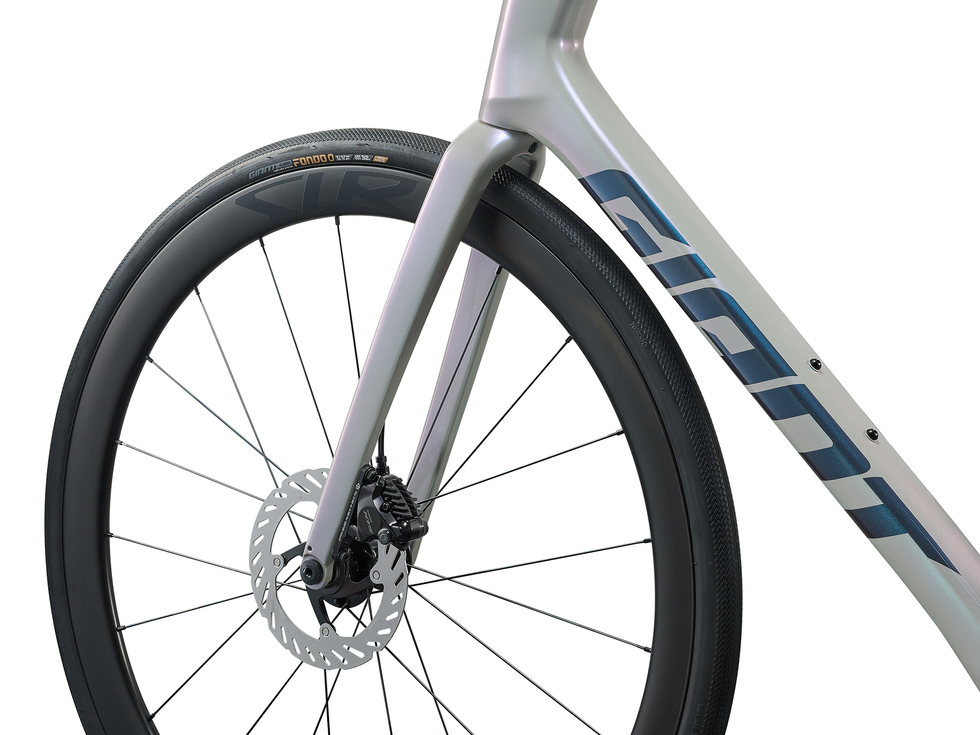 Giant Defy Advanced 0 Rennrad mit Carbon-Gabel und Scheibenbremse am Vorderrad.
