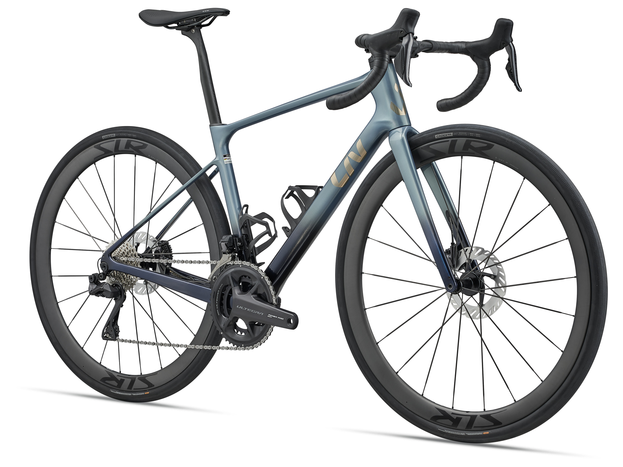 Liv Avail Advanced Pro 0 Rennrad in Midnight Pine mit Carbonrahmen und Carbonlaufrädern in Schrägansicht.