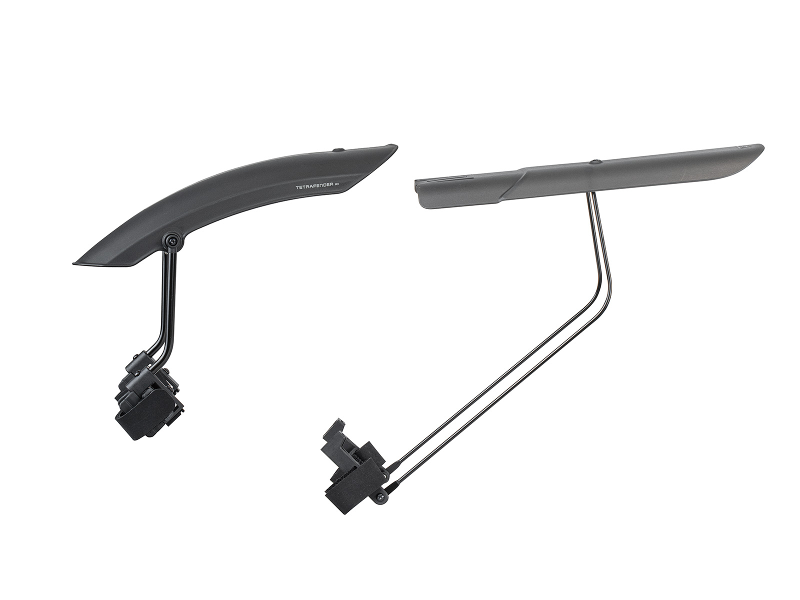 Zwei Varianten des Topeak TetraFender M2 Schutzblechs in Seitenansicht, kurze und lange Version mit Aluminiumstreben und Klettbefestigung.