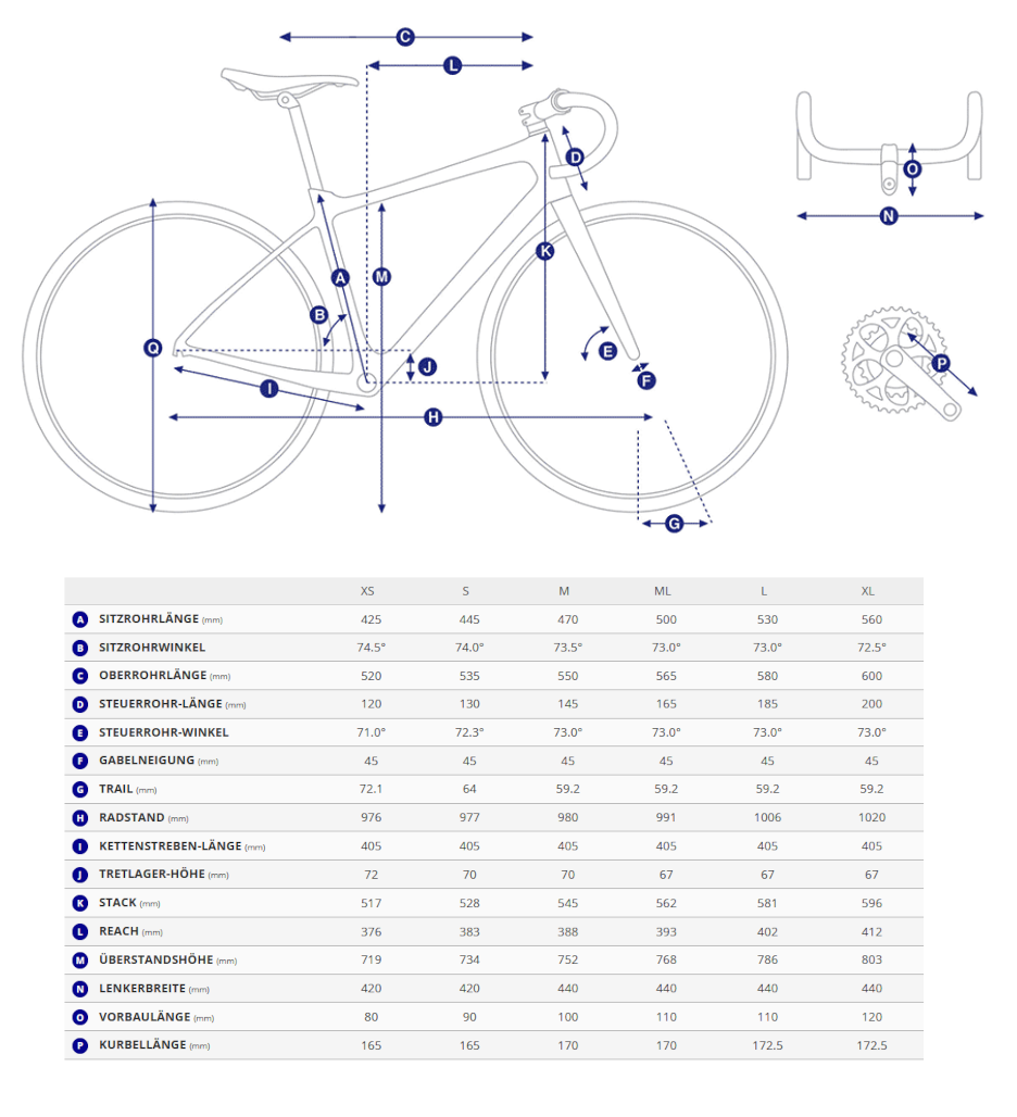 Geometriedaten in Tabellenform mit Legende des Giant TCR Advanced Pro 